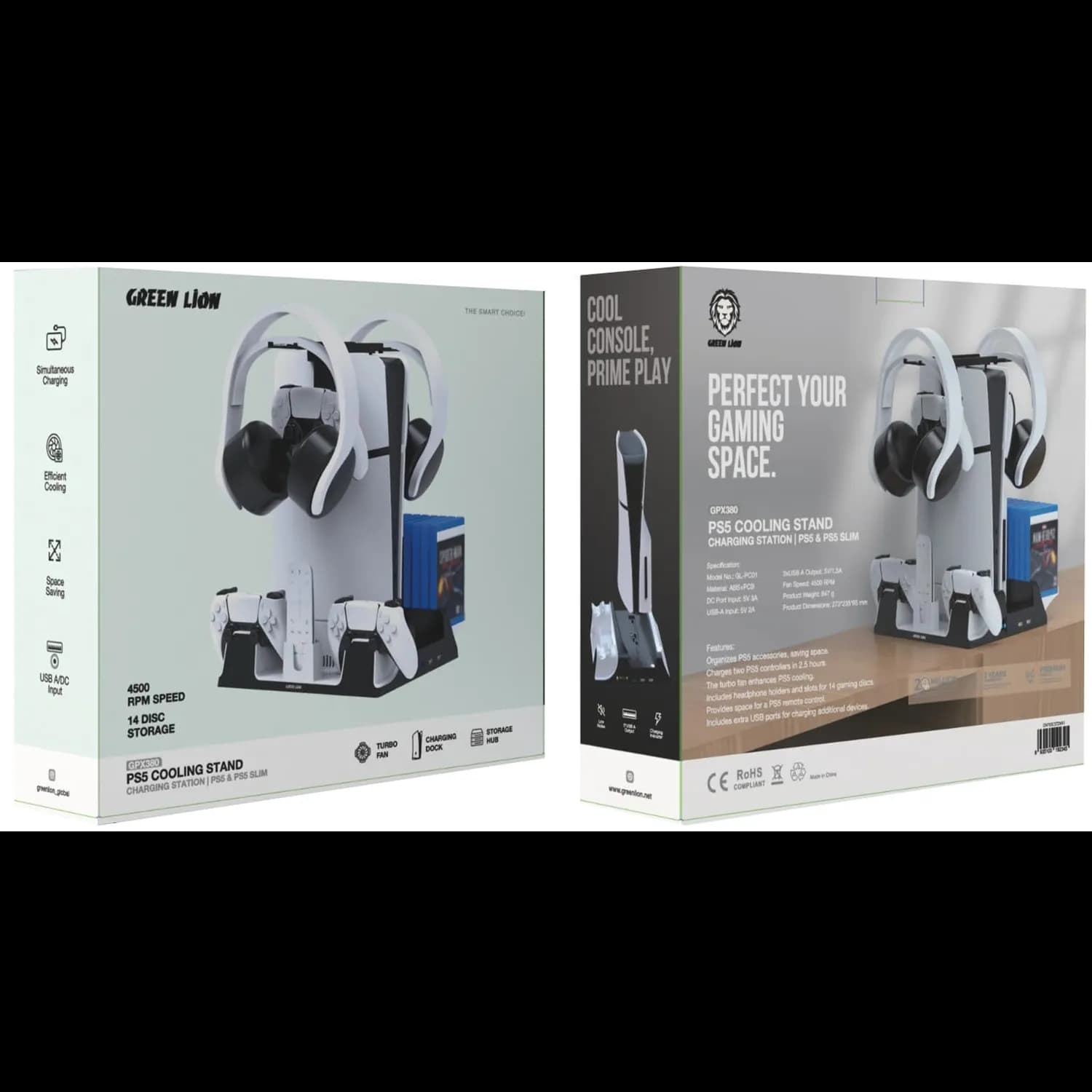 Green Lion PS5 Cooling Stand - 14-Disk Storage, Turbo Fan, White 4