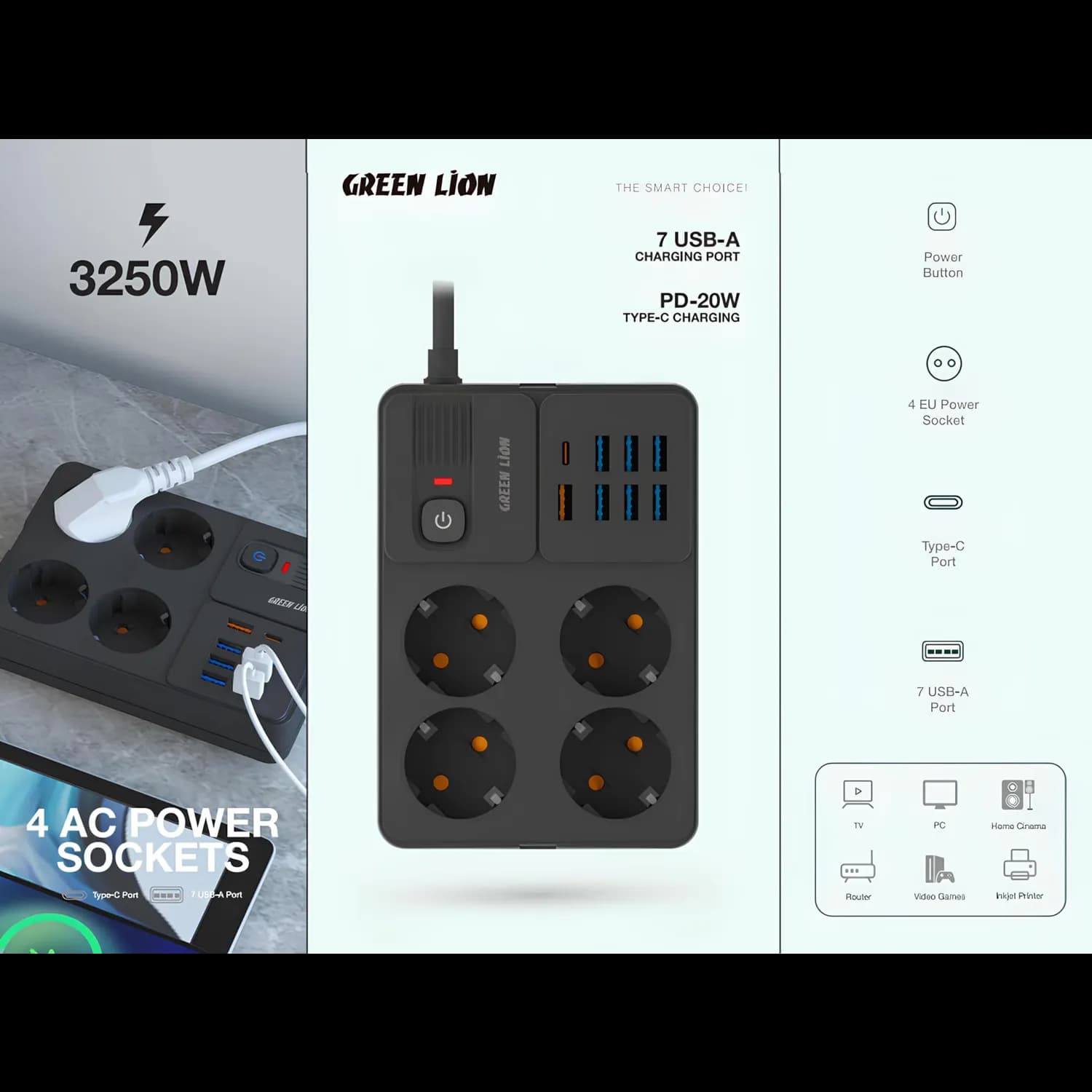 Green Lion Power Socket - 7 USB-A, 1 PD 20W, 4 EU Sockets, Black 4