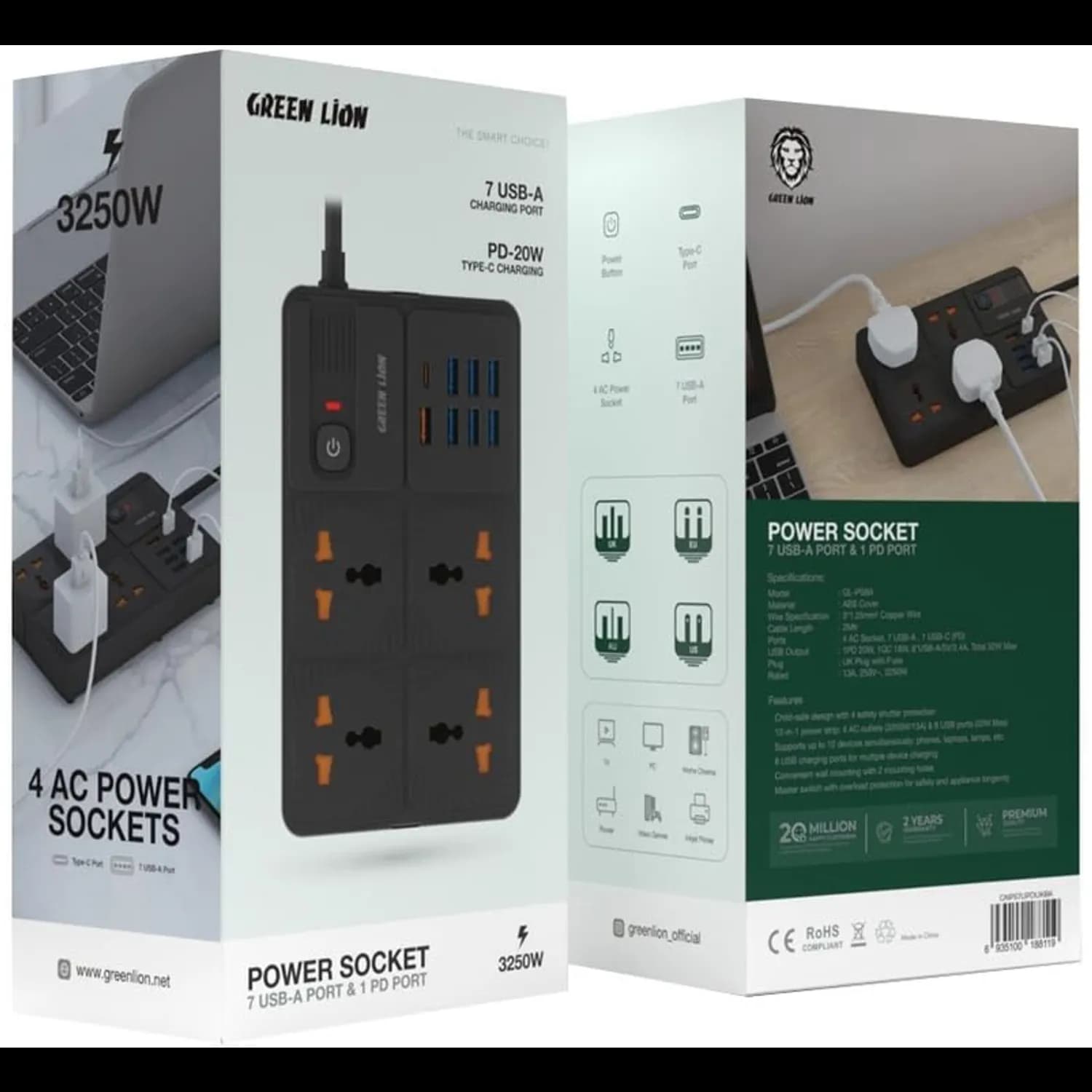 Green Lion Power Socket - 4 AC, 7 USB-A, PD 20W, Black 4