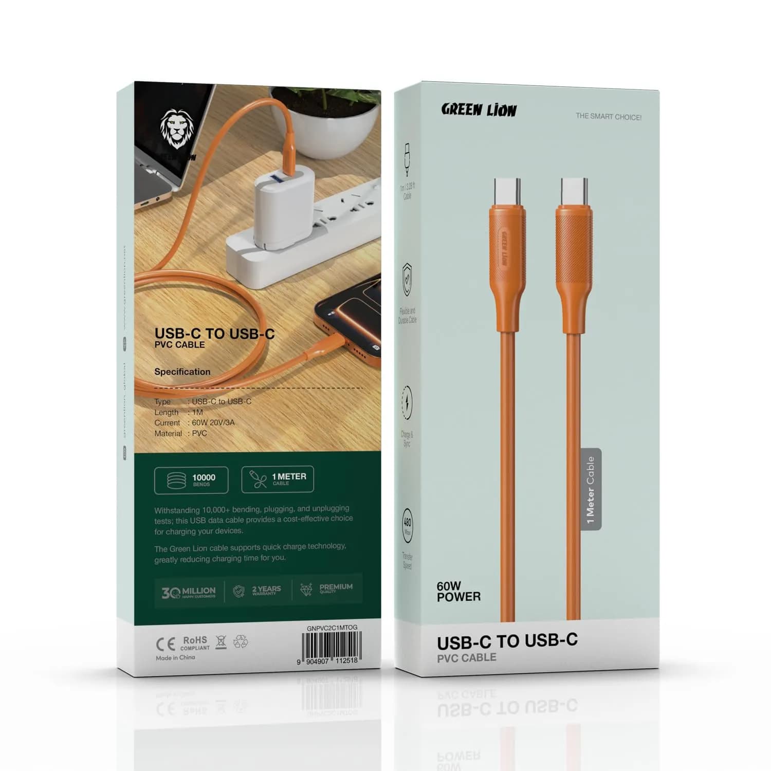 Green Lion USB-C Cable - 60W, 1m, Orange 3