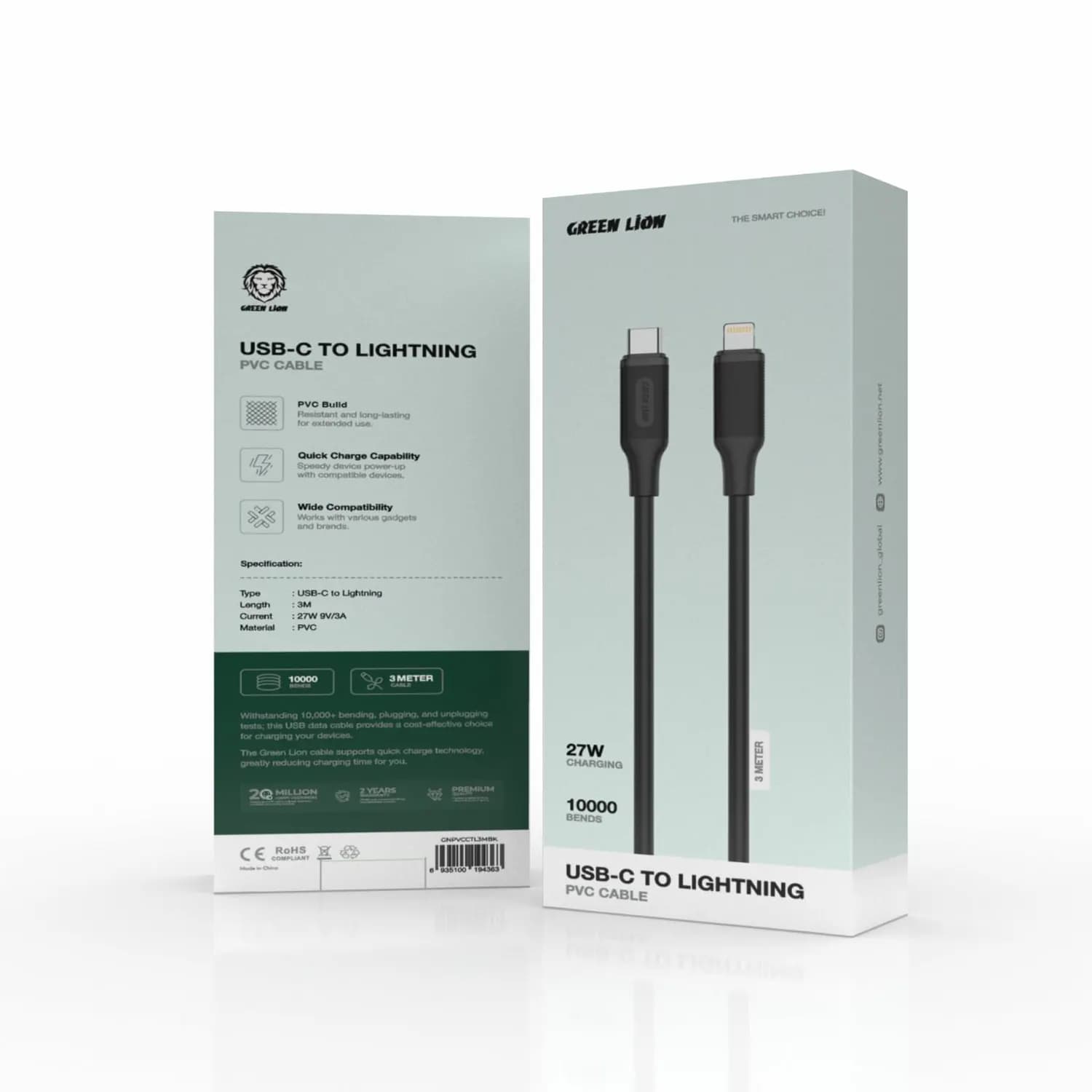 Green Lion USB-C to Lightning Cable 3M - PVC, Black 2