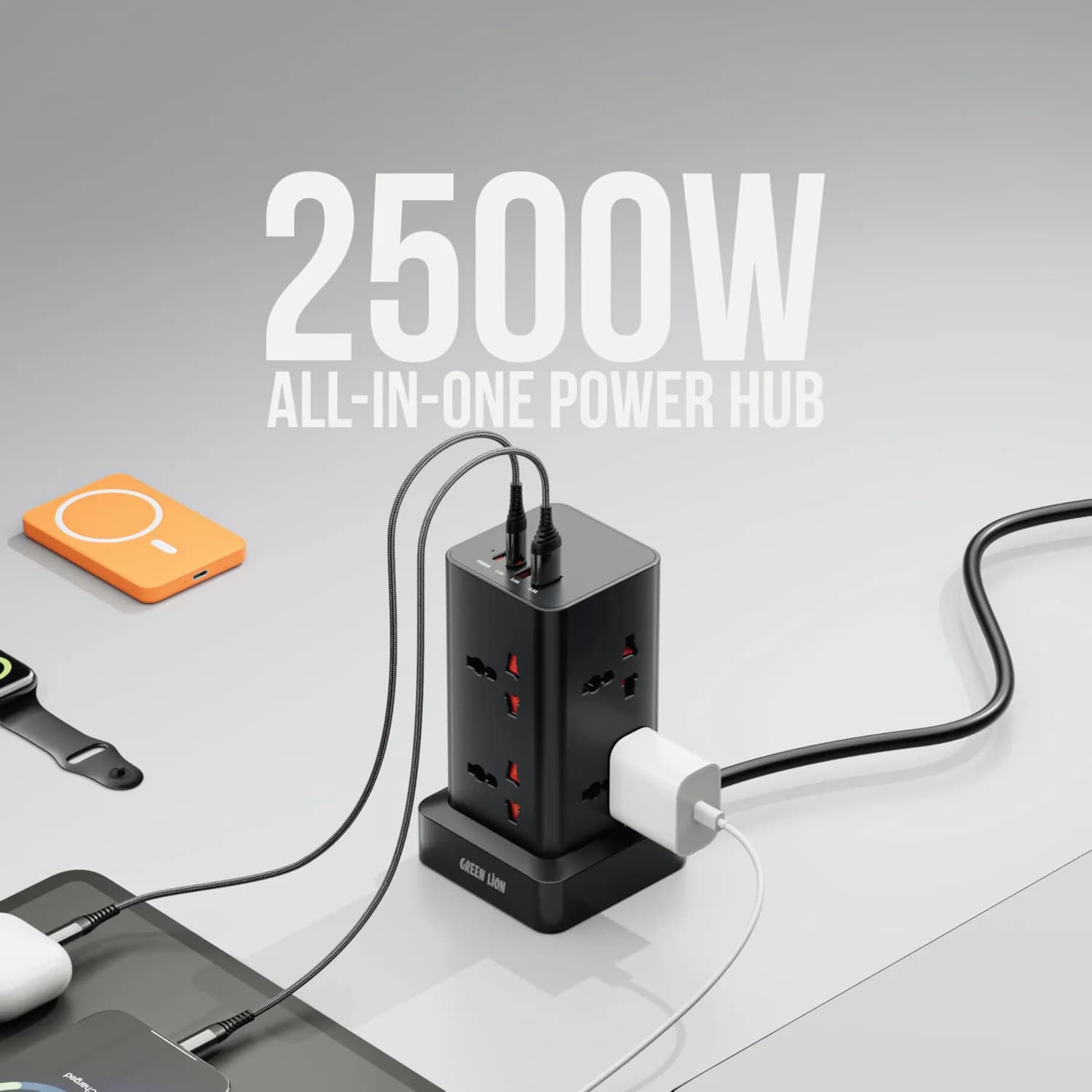 Green Lion Power Tower - 2500W, 8 AC Sockets, USB-C PD20W, Black 2