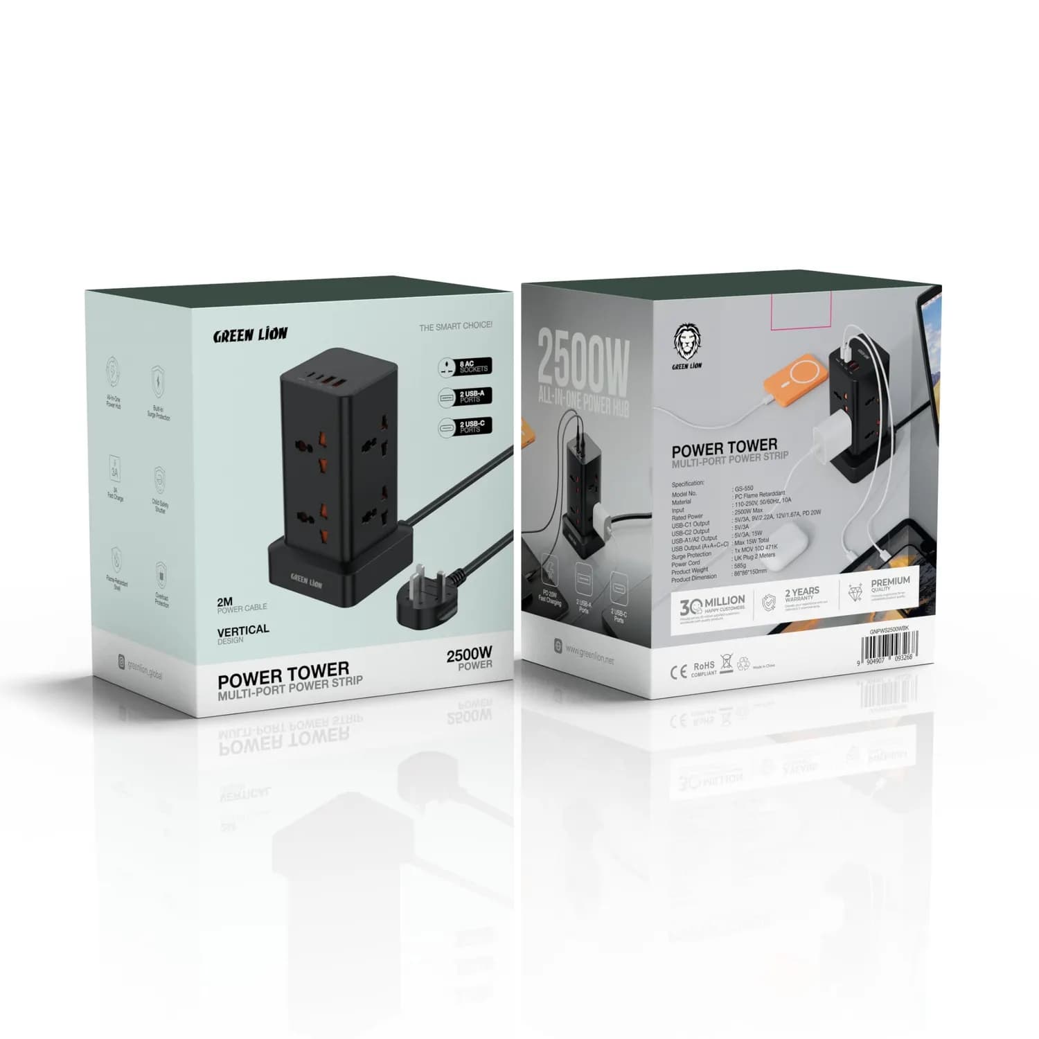 Green Lion Power Tower - 2500W, 8 AC Sockets, USB-C PD20W, Black 4