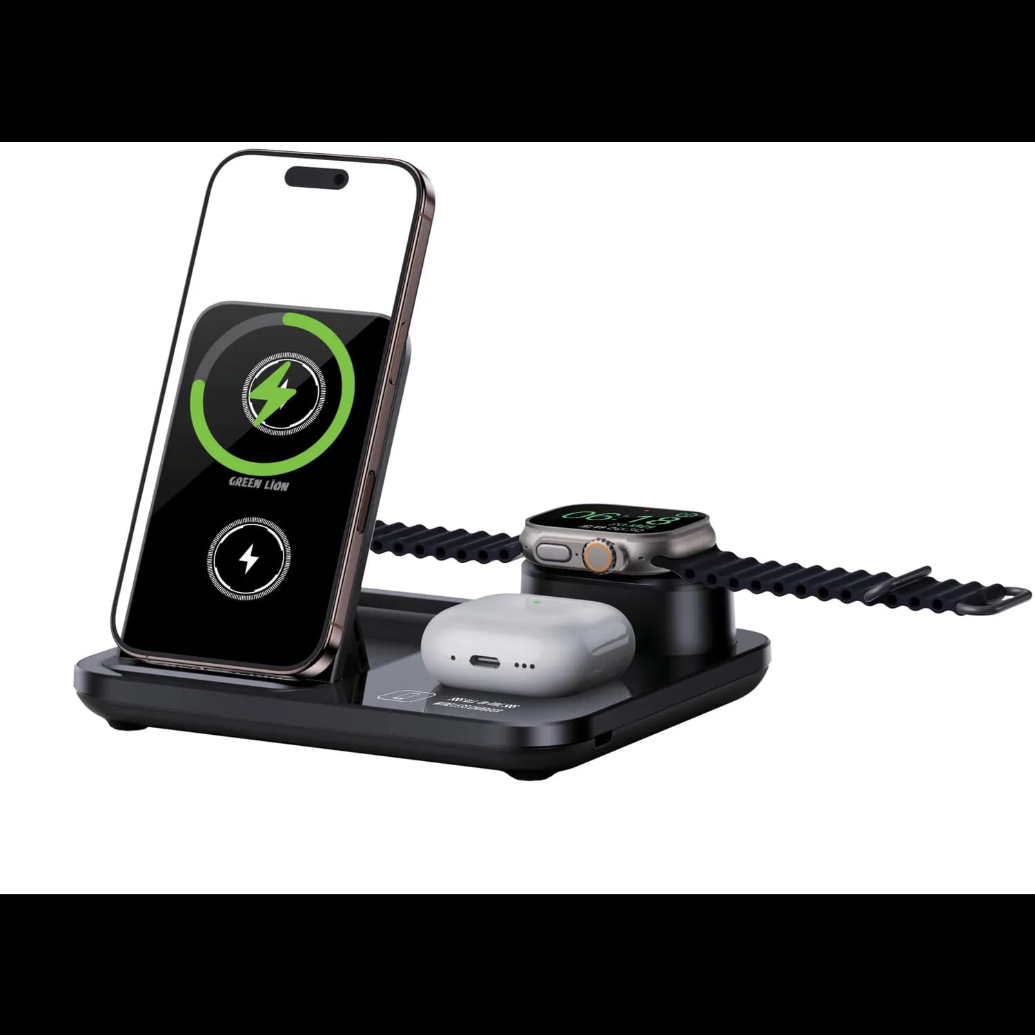 Green Lion Wireless Charging Station - 3-in-1 Auto-Lifting Stand, 15W, Black 1