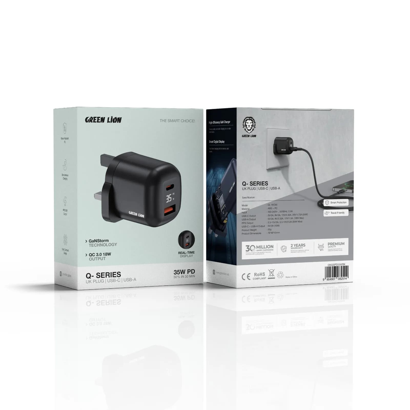 Green Lion Q-Series UK Plug USB-C & USB-A - Black 1