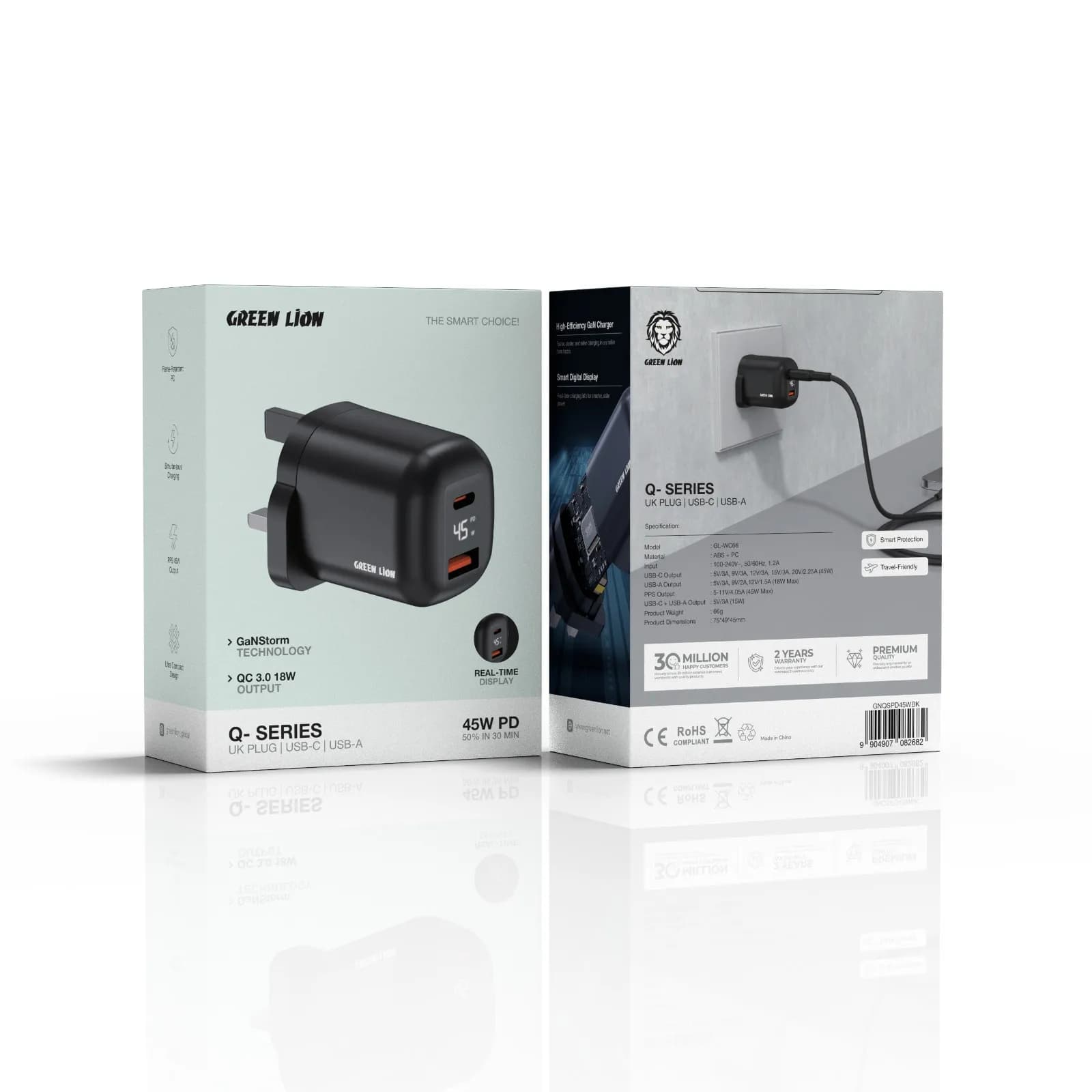 Green Lion Charger Q-Series GNQSPD45WBK - USB-C & USB-A, Black — Black 2