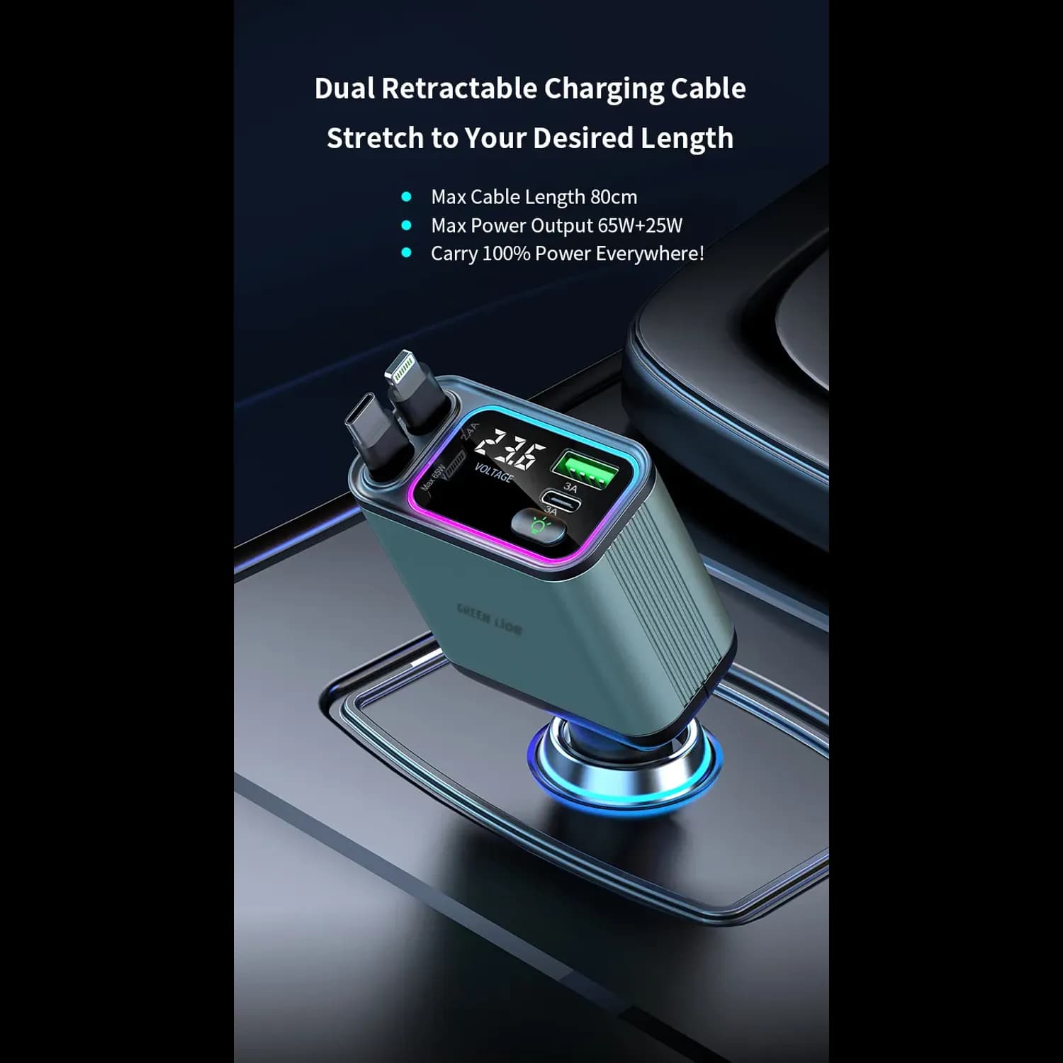 Green Lion Car Charger - 90W Retractable, Green 4