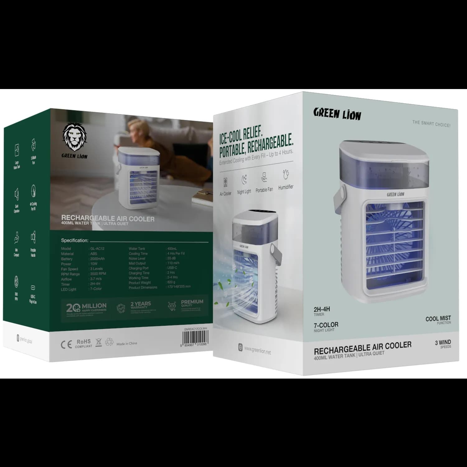 Green Lion Air Cooler Fan - Rechargeable 2000mAh, White 5