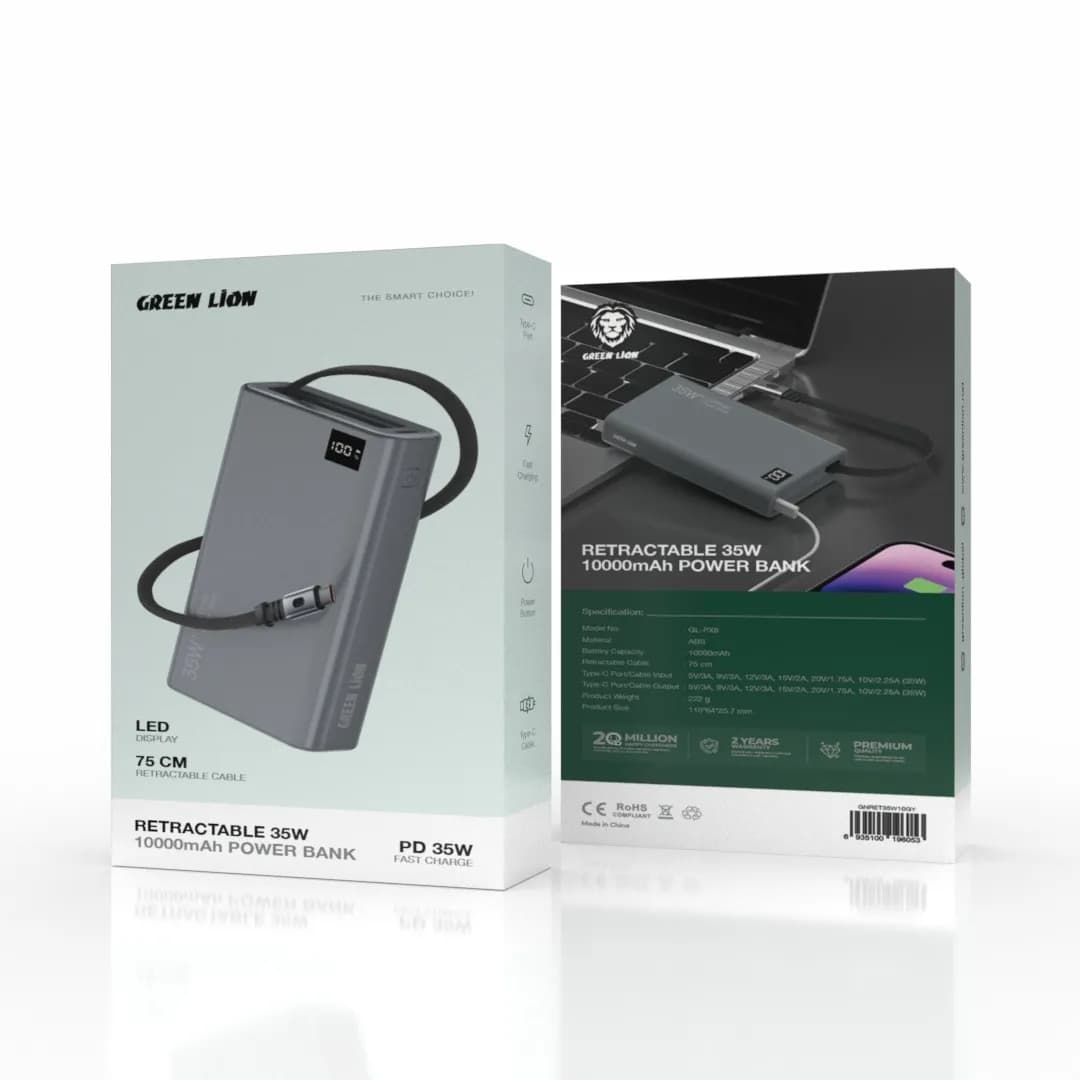 Green Lion Retractable Power Bank 35W 10000mAh - Grey 1 Green Lion Retractable Power Bank 35W 10000mAh - Grey 1