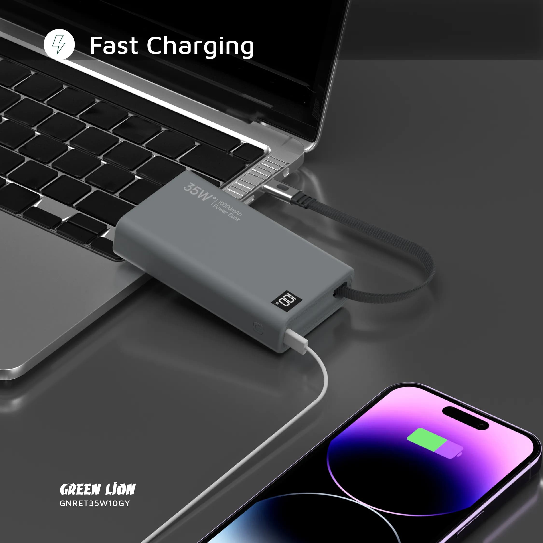 Green Lion Retractable Power Bank 35W 10000mAh - Grey 3
