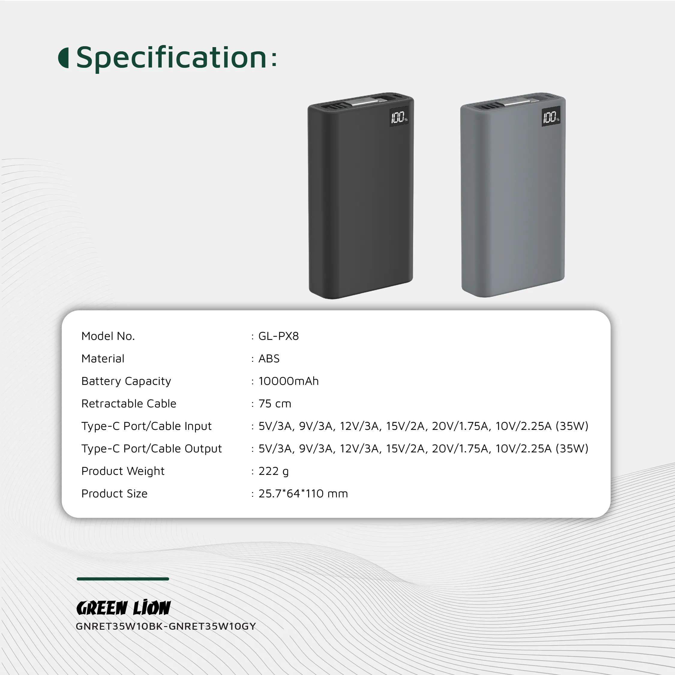Green Lion Retractable Power Bank 35W 10000mAh - Grey 4