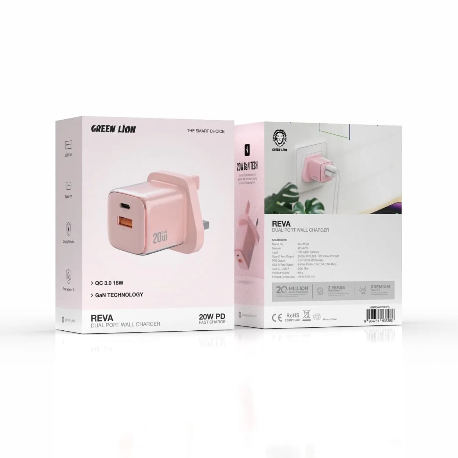 Green Lion Dual Port Charger Reva - 20W PD+QC, Pink 3