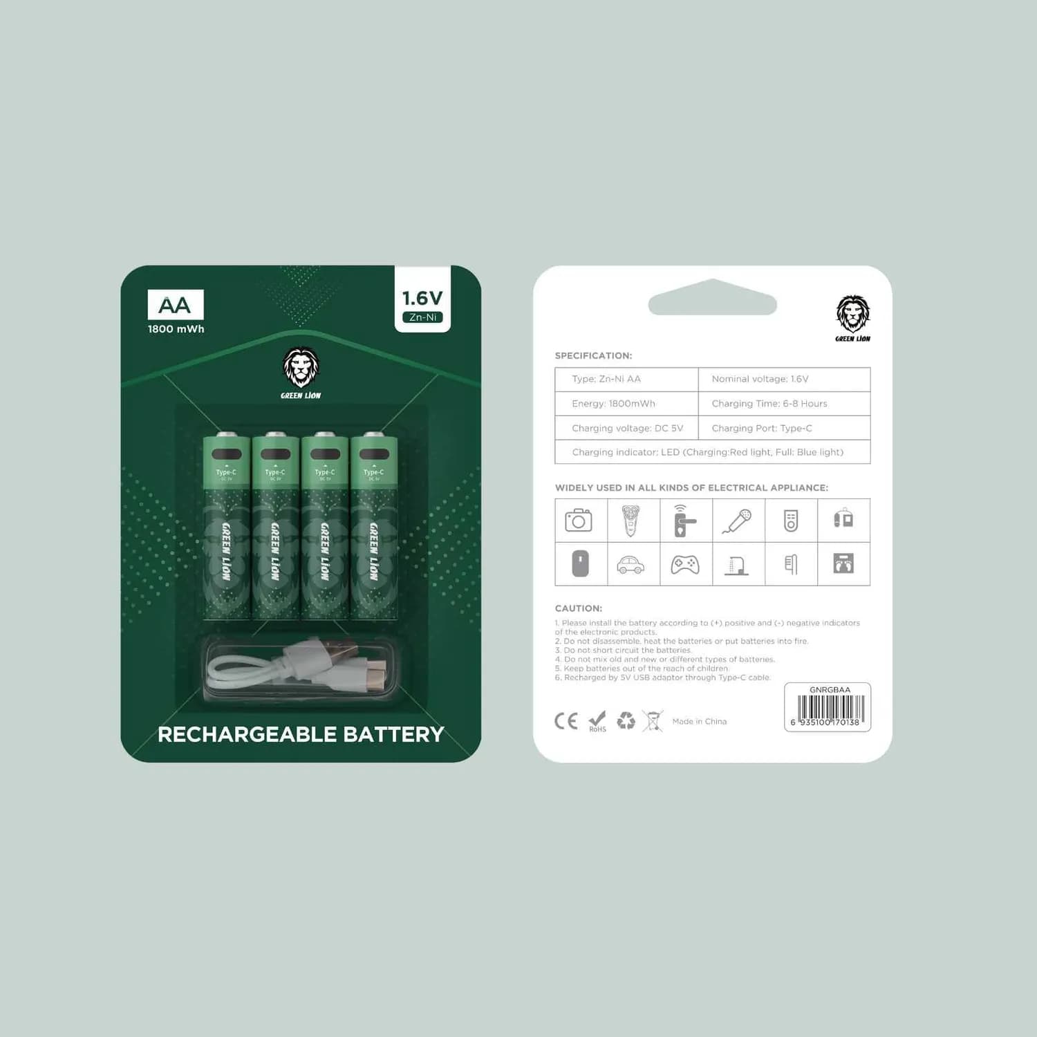Green Lion AA Rechargeable Battery 1800mAh NiMH - With Type-C Cable, Green 2