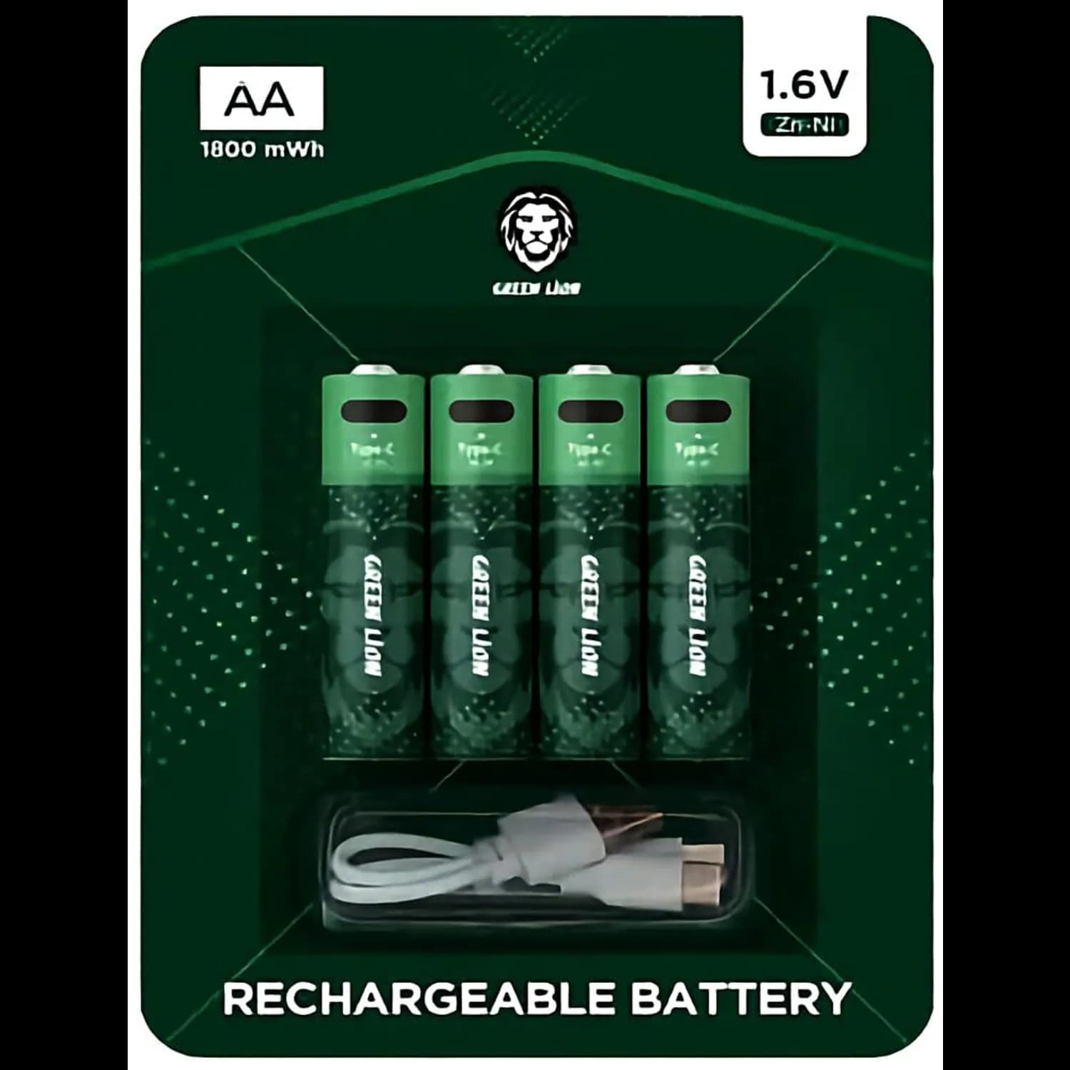 Green Lion AA Rechargeable Battery 1800mAh NiMH - With Type-C Cable, Green 5