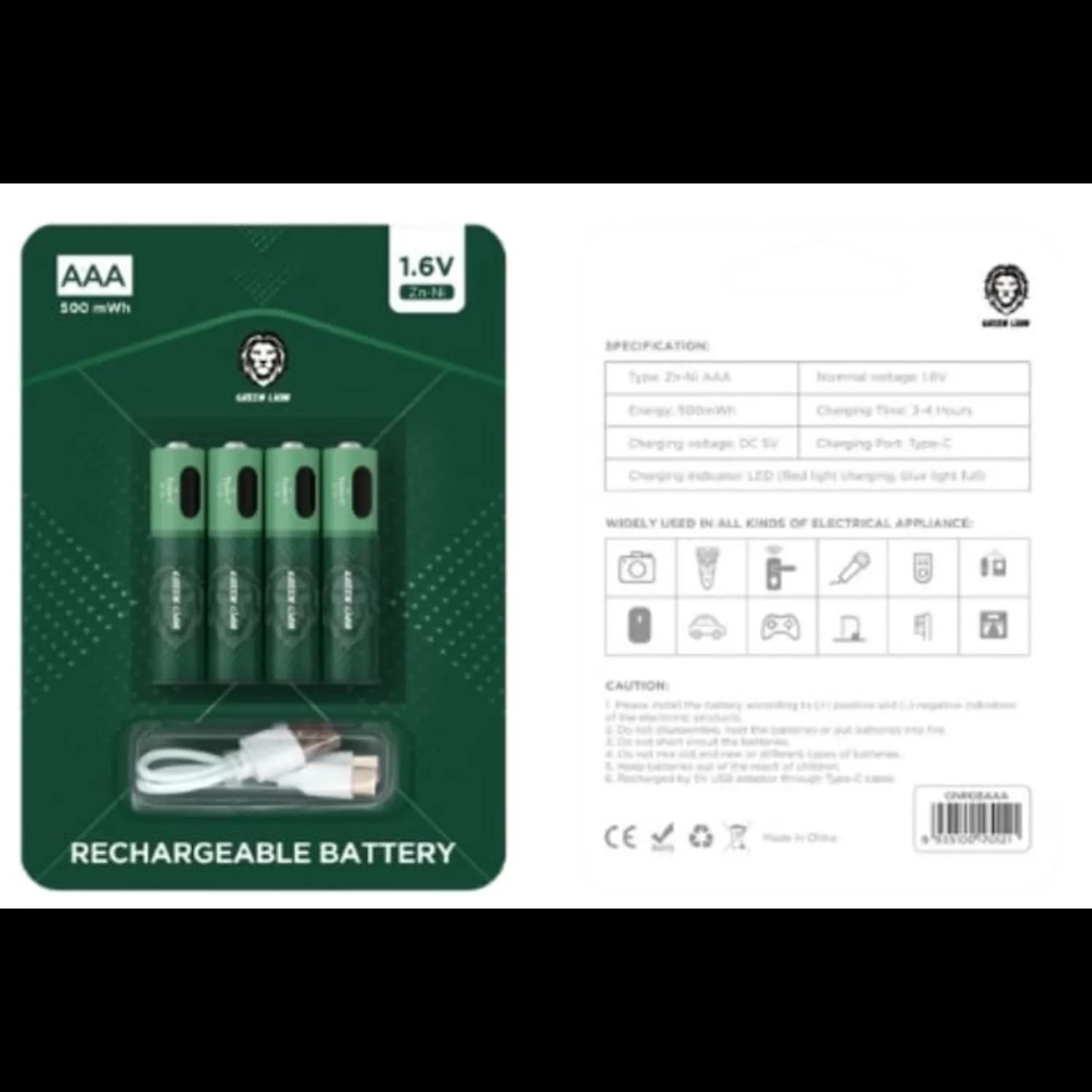 Green Lion Rechargeable AAA Battery - 1.6V, 4-Pack, Green 1 Green Lion Rechargeable AAA Battery - 1.6V, 4-Pack, Green 1