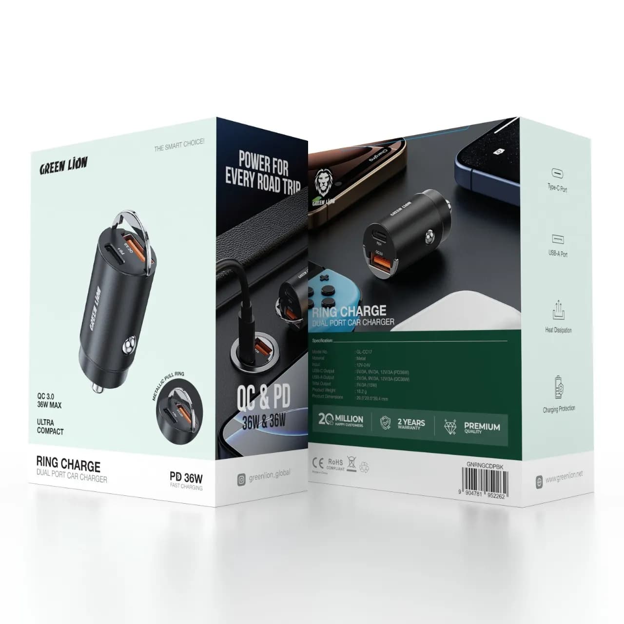 Green Lion Car Charger GNRNGCDPBK - Dual Port PD 36W, Black 3