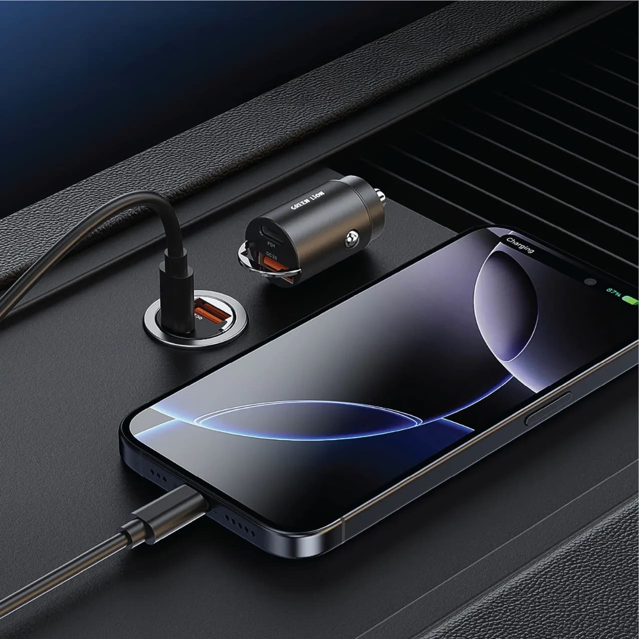 Green Lion Dual Port Car Charger PD 36W with 1m Type-C Cable - Black 3