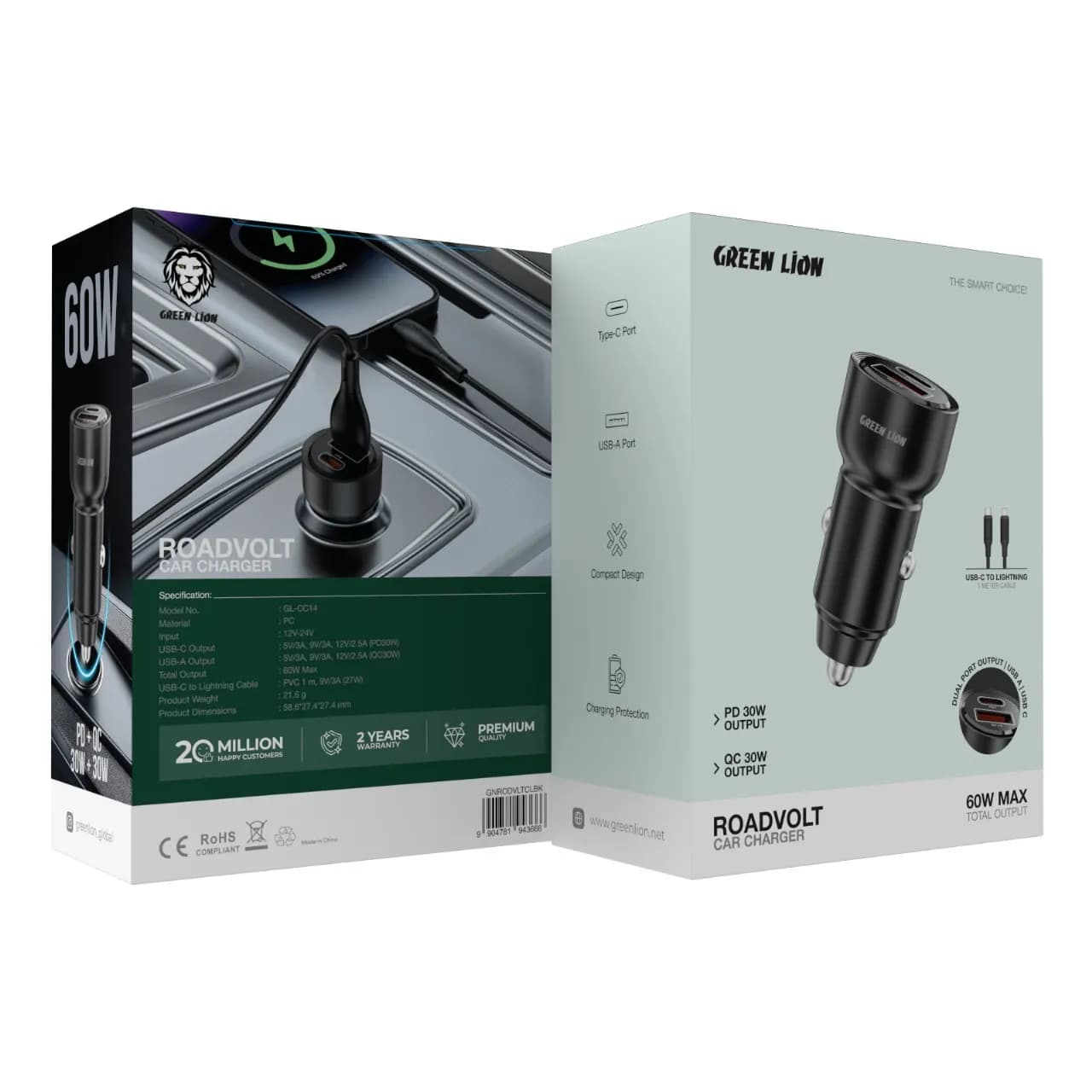 Green Lion RoadVolt Car Charger GNRODVLTCLBK - 60W PD+QC, Black 1 Green Lion RoadVolt Car Charger GNRODVLTCLBK - 60W PD+QC, Black 1