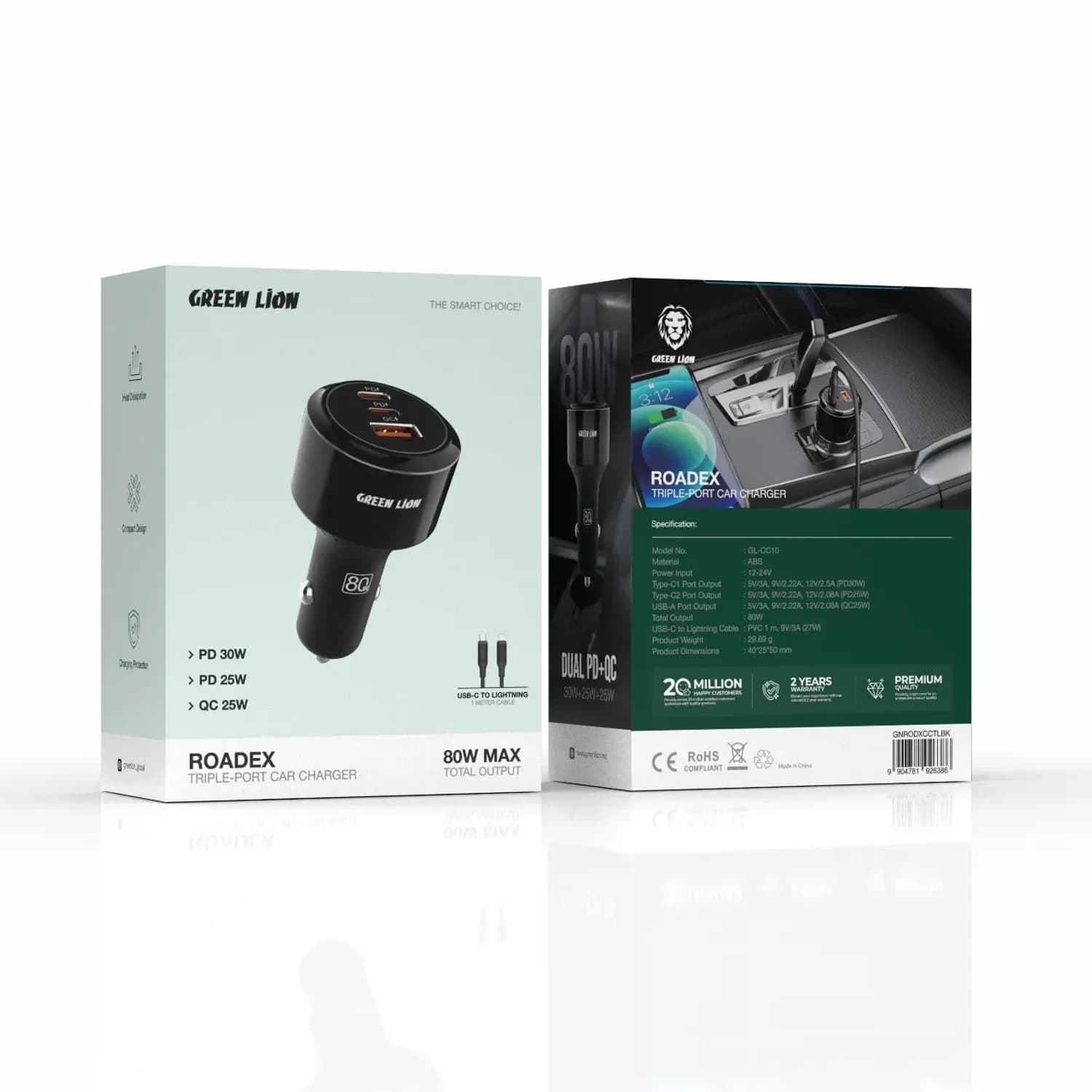 Green Lion Roadex Car Charger - 80W Triple Port, Black 3