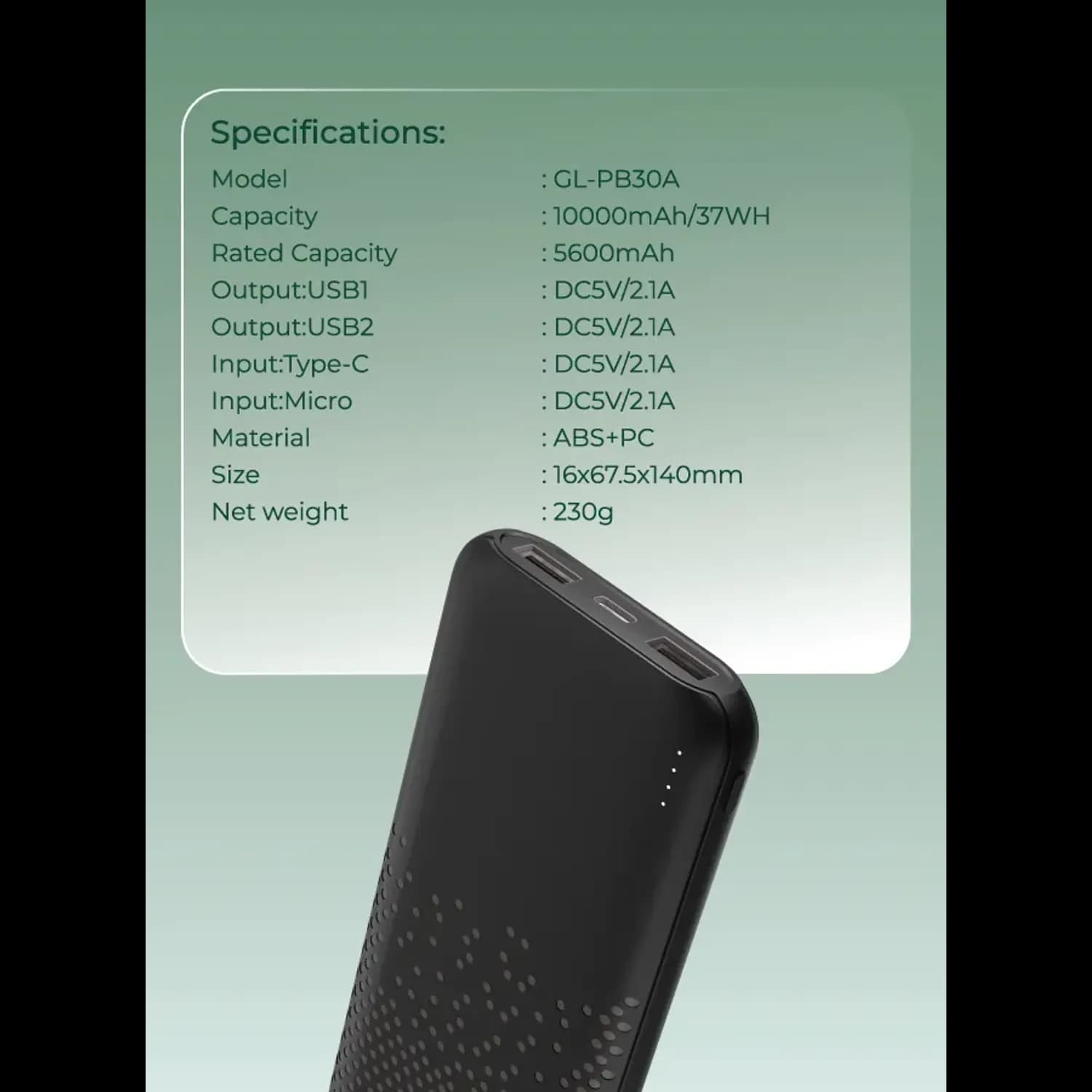 Green Lion Power Bank Rome 10000mAh - Dual USB-A, Black 5