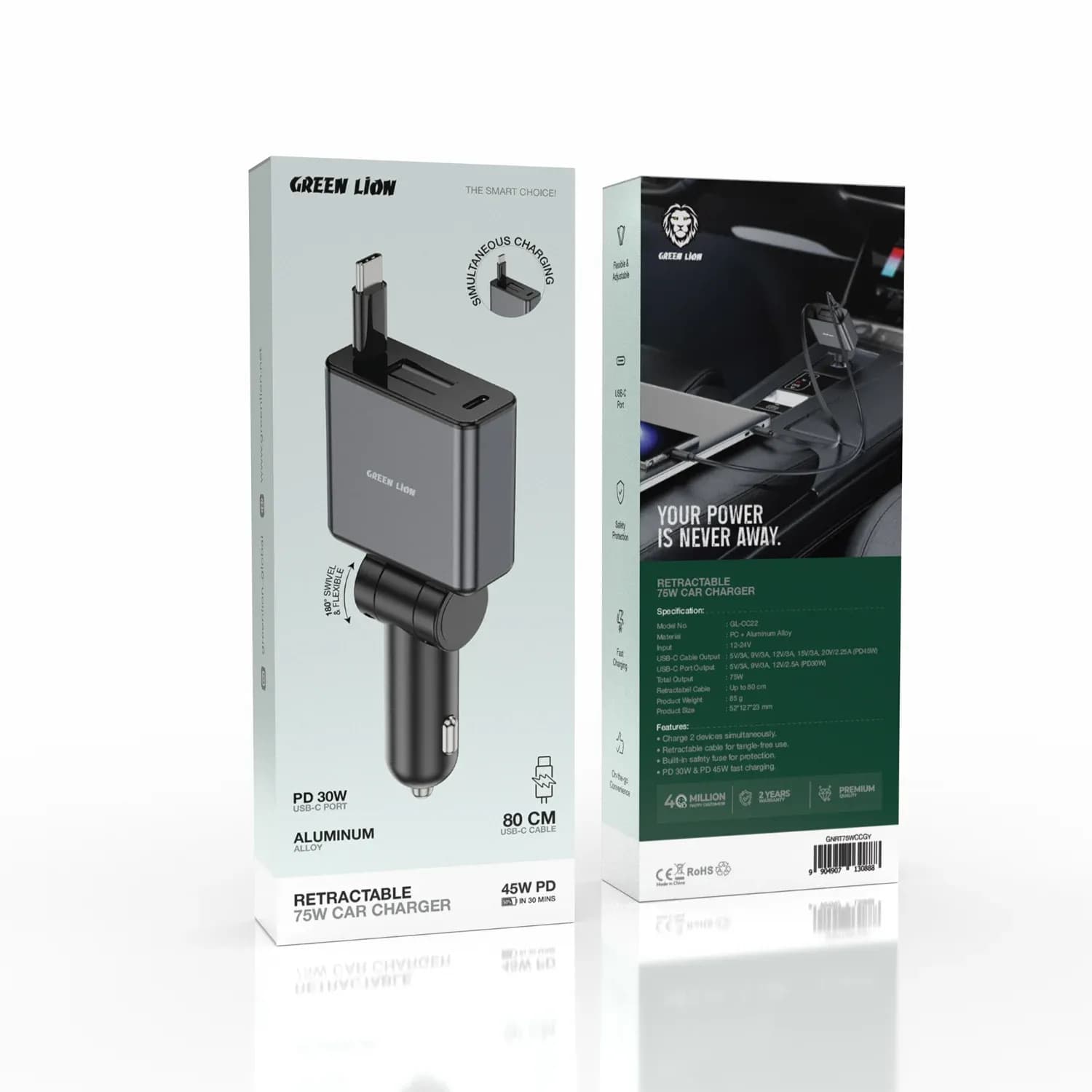 Green Lion Car Charger - 75W PD 45W, Grey 3