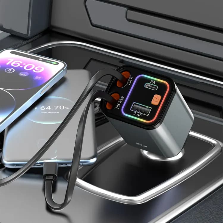 Green Lion Car Charger - 65W Retractable, Grey 2