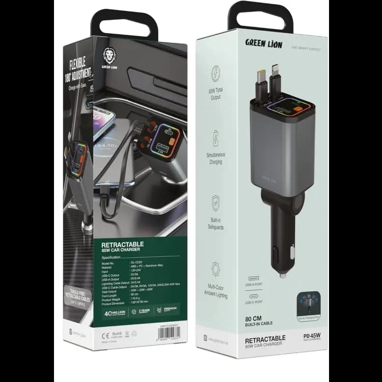 Green Lion Car Charger - 65W Retractable, Grey 4
