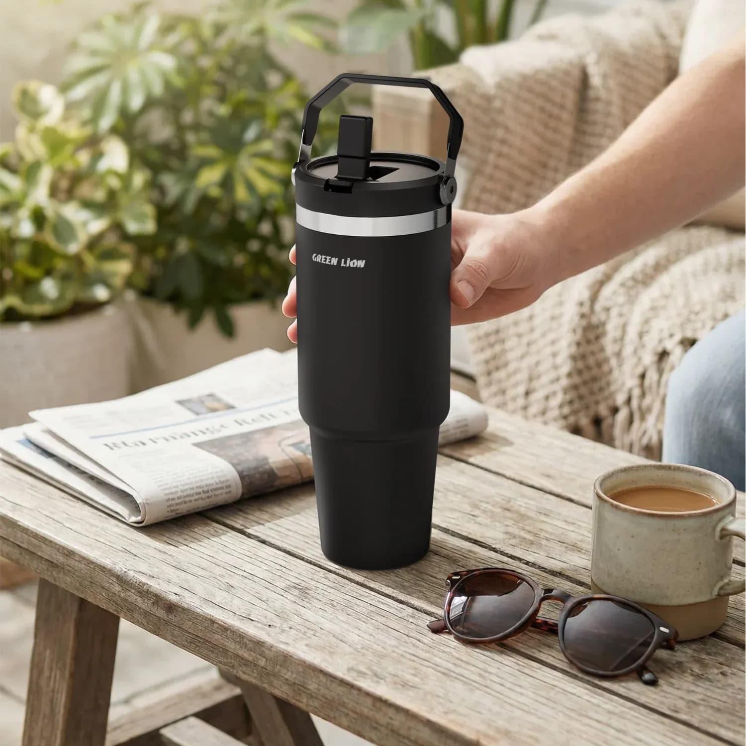 Green Lion Vacuum Tumbler - 900ml, Black — White 4