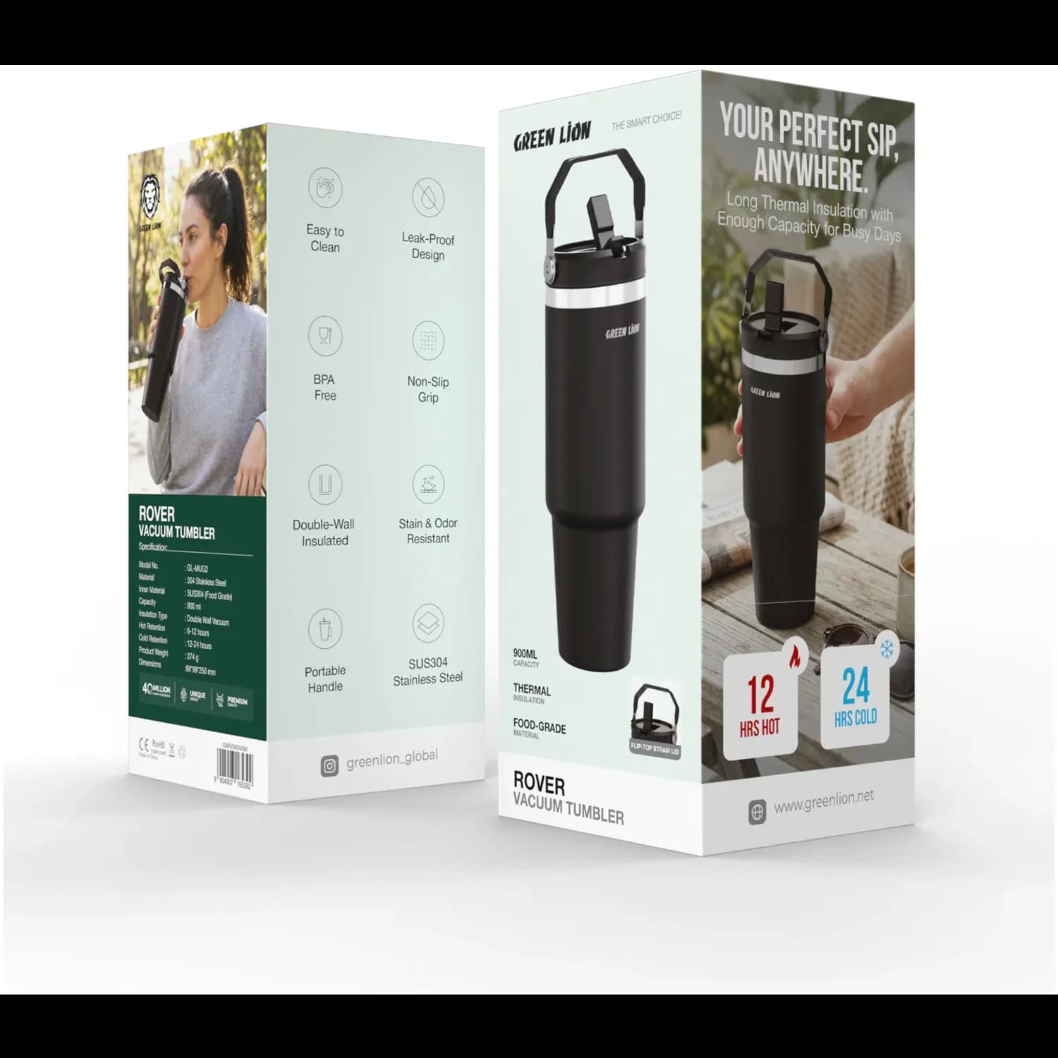 Green Lion Vacuum Tumbler - 900ml, Black — White 5