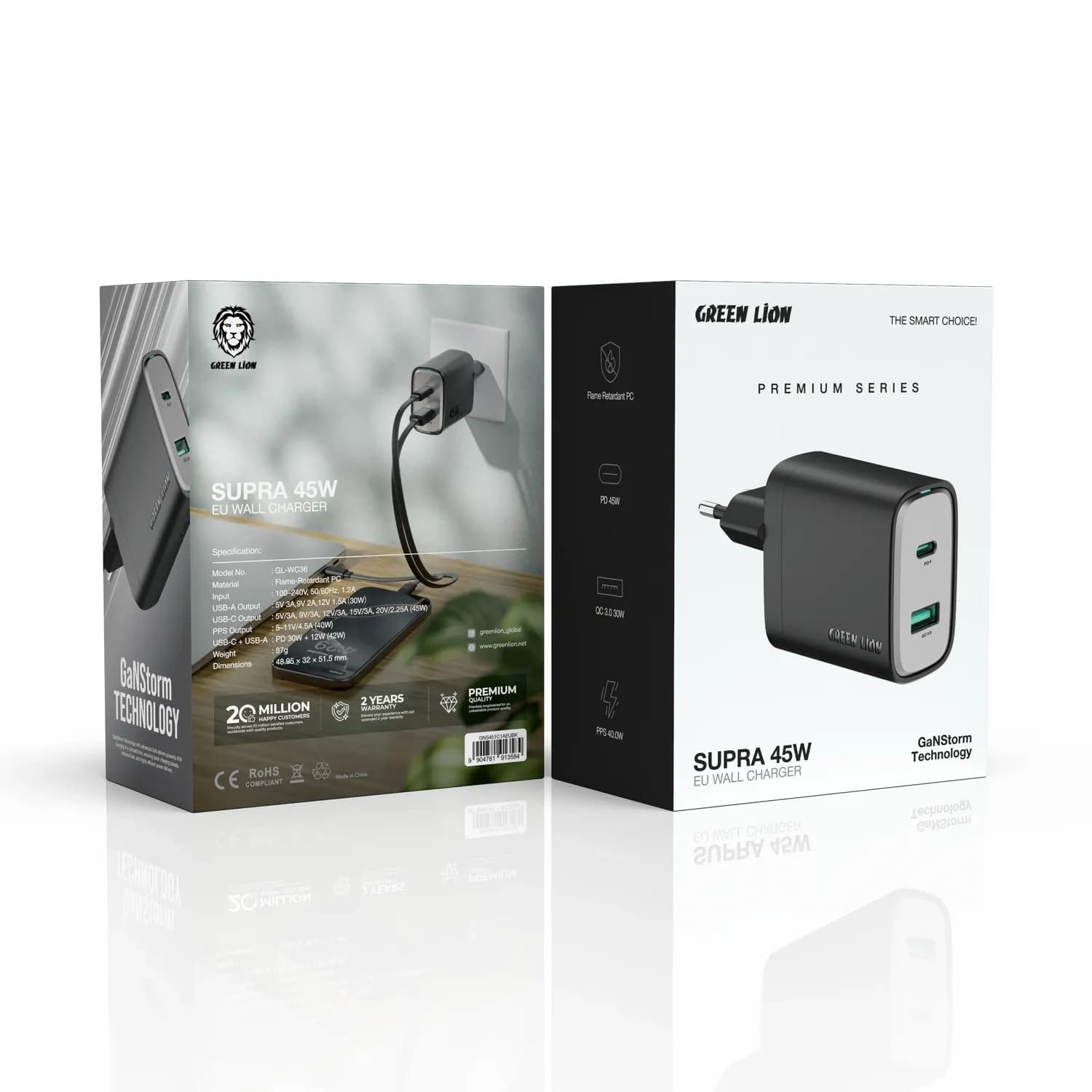 GREEN LION Wall Charger - 45W PD, USB-A & USB-C, Black 3