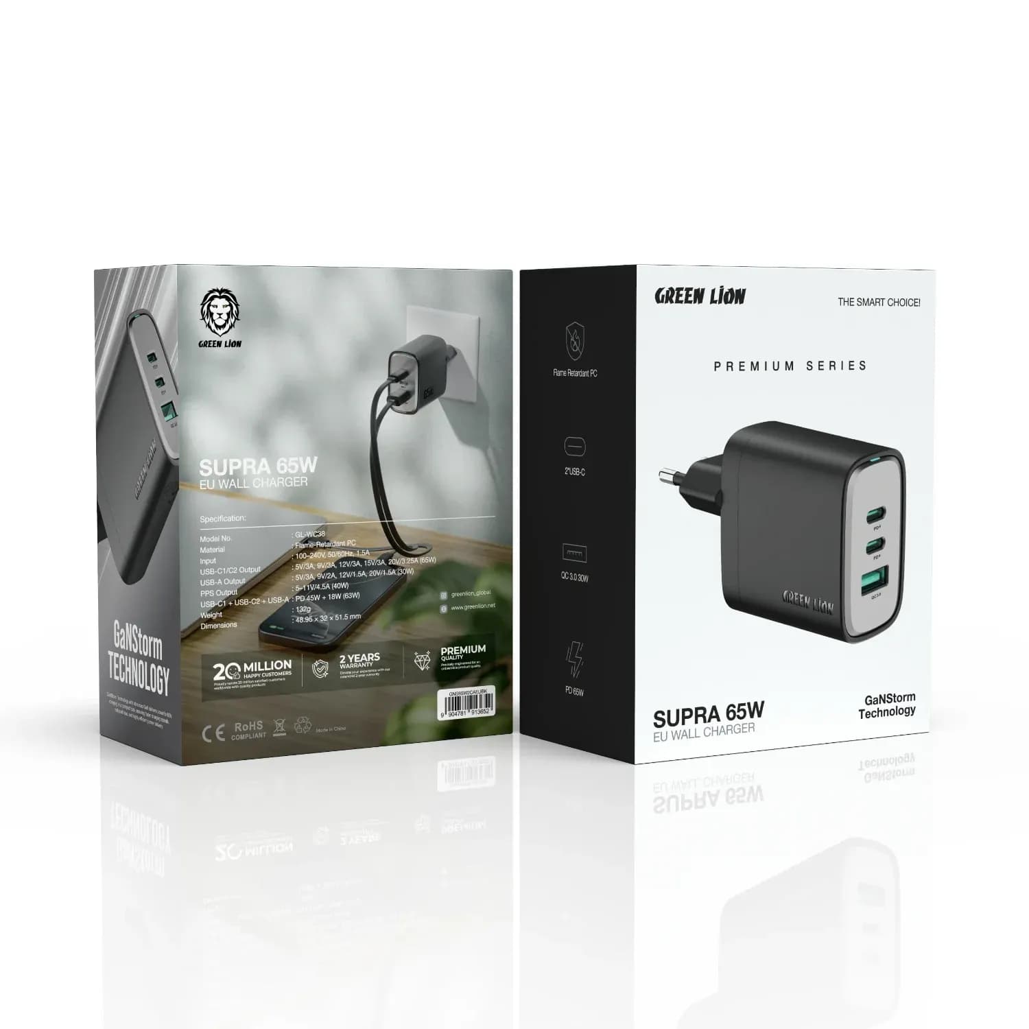 Green Lion Wall Charger Supra - 65W GaN, USB-A & 2 USB-C, Black 3