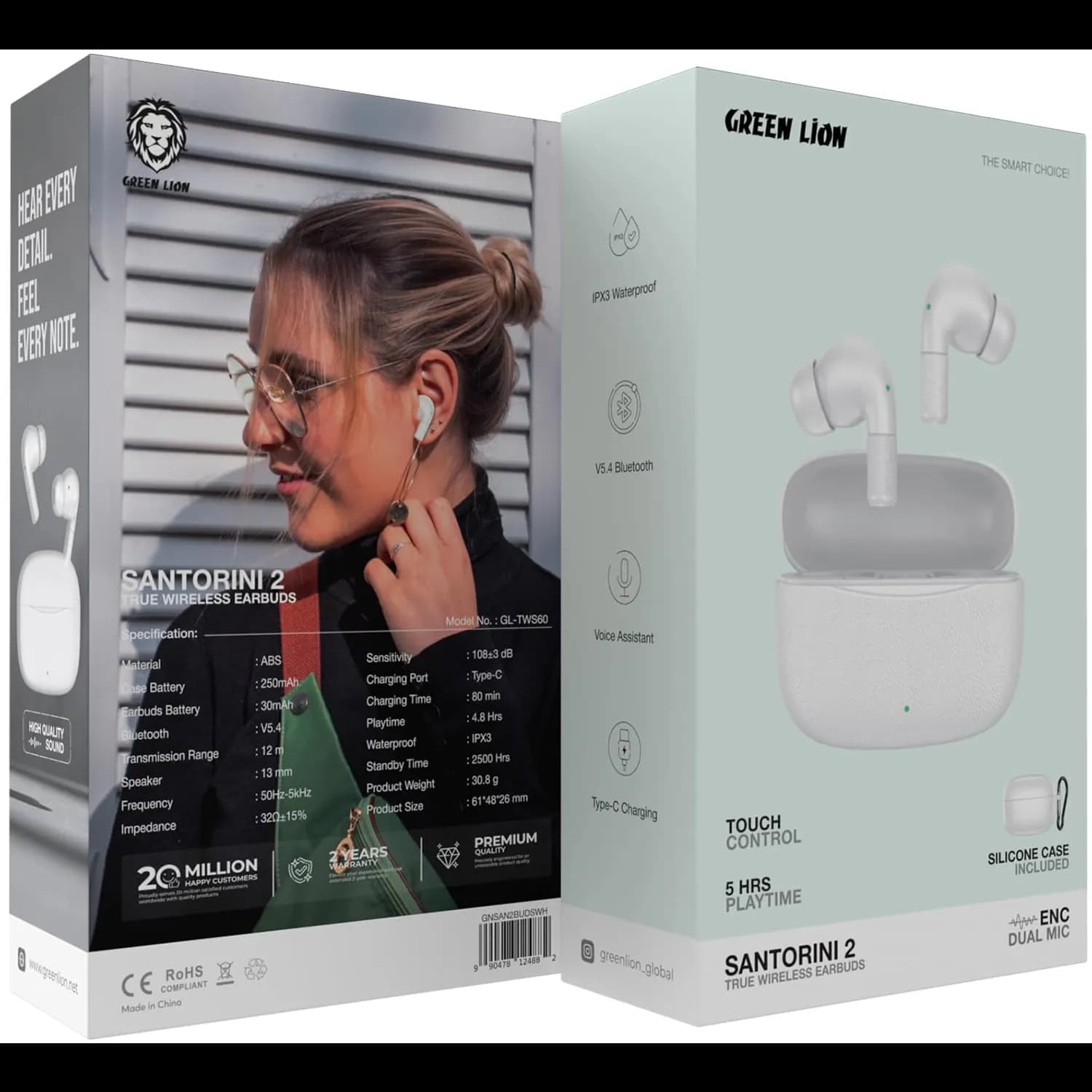 Green Lion Earbuds Santorini 2 - Noise Cancelling, White — Black 6