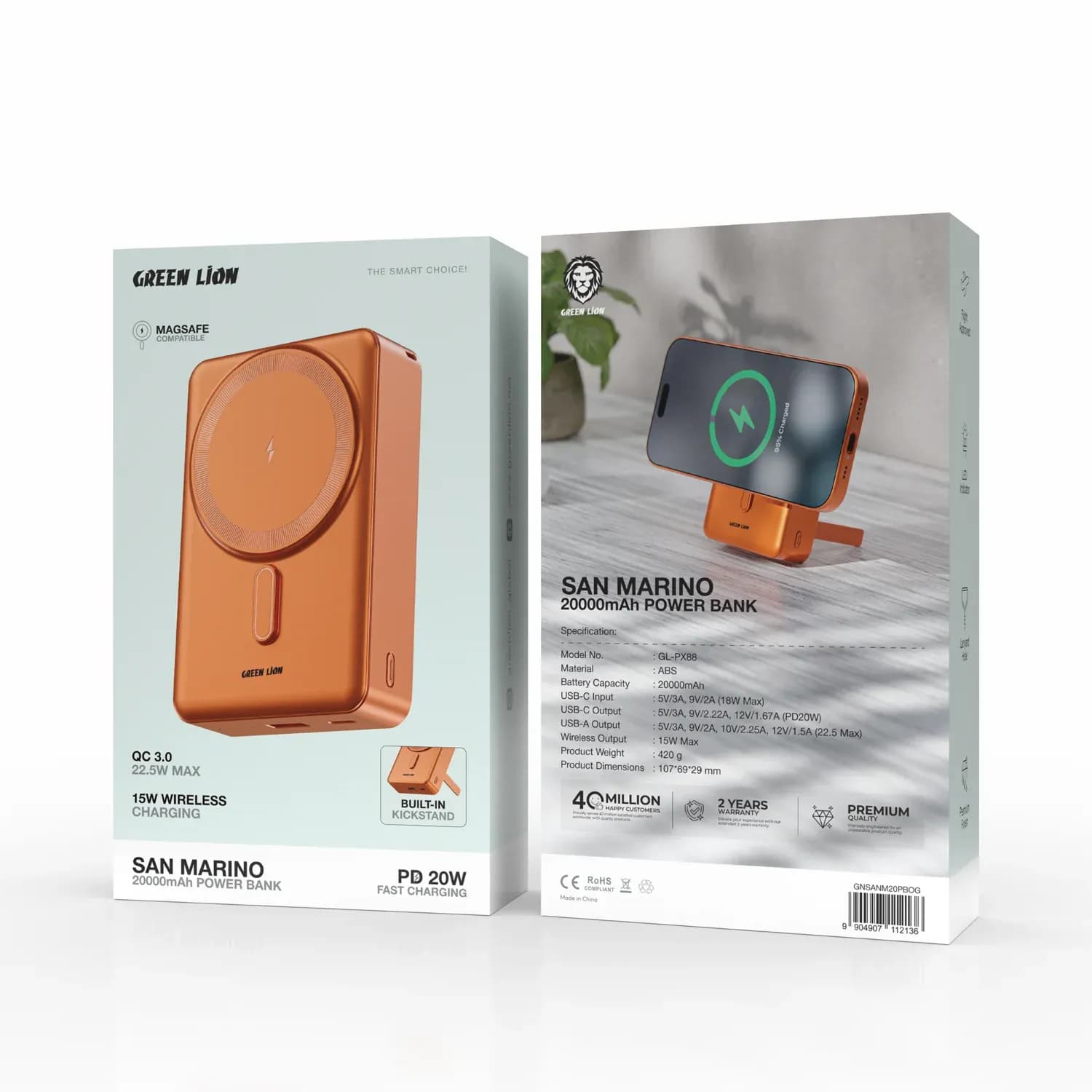 Green Lion SAN MARINO 20000mAh Power Bank with PD 20W - Orange — Black 5