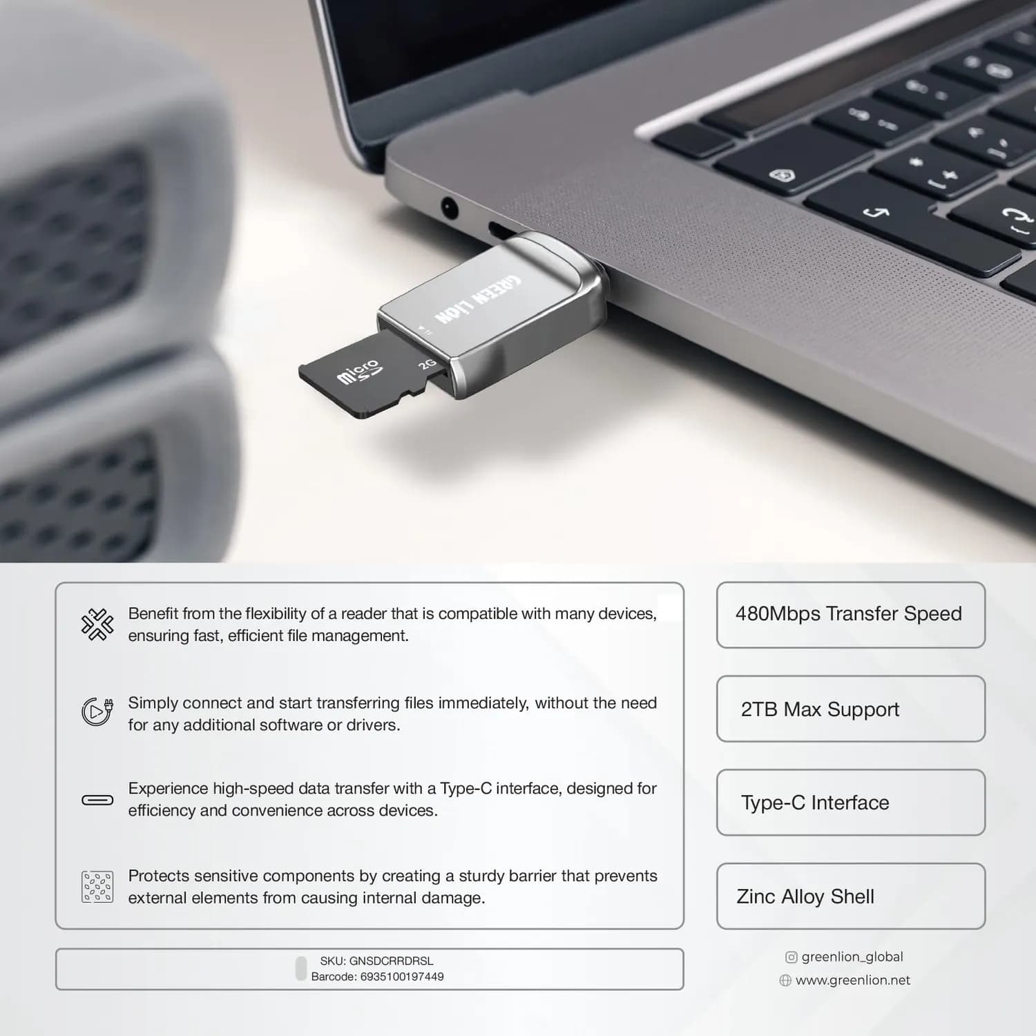 Green Lion SD Card Reader - USB-C, Silver 3