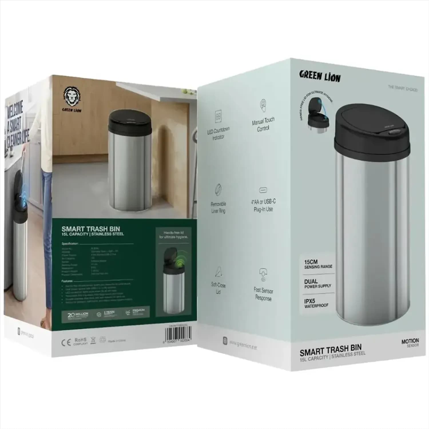 Green Lion Smart Trash Bin - 15L, Silver 3