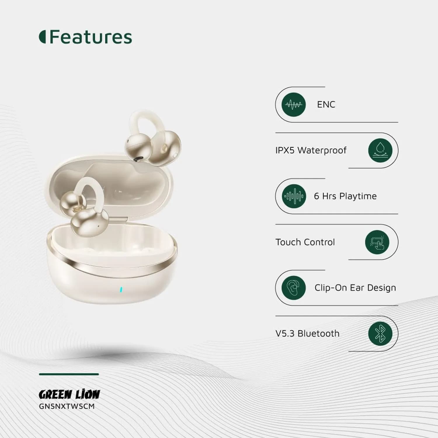 Green Lion Clip-On Earbuds Sonix - Bluetooth 5.3, Cream 3