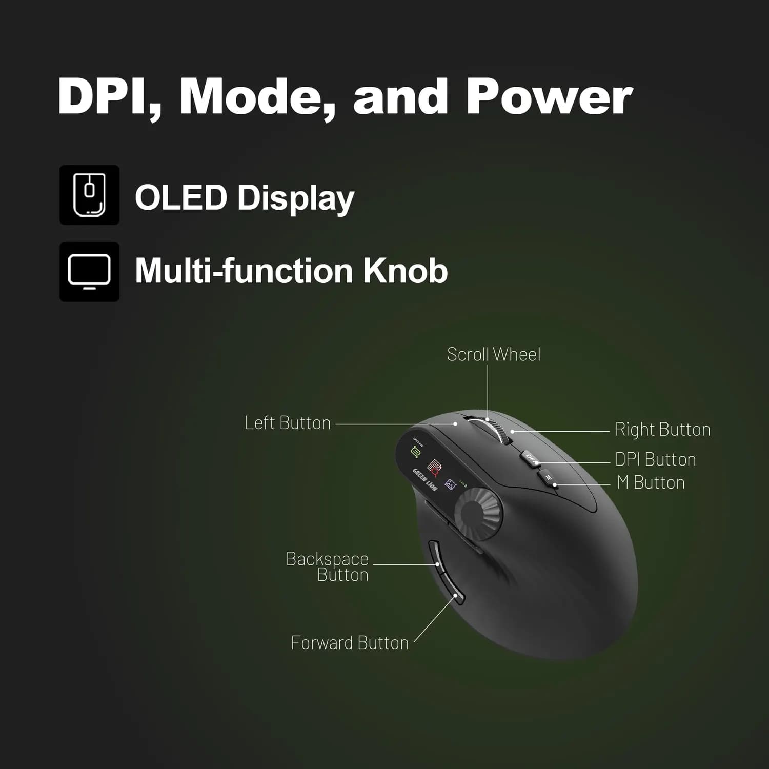 Green Lion Vertical Mouse - OLED Display, Bluetooth, Black 3
