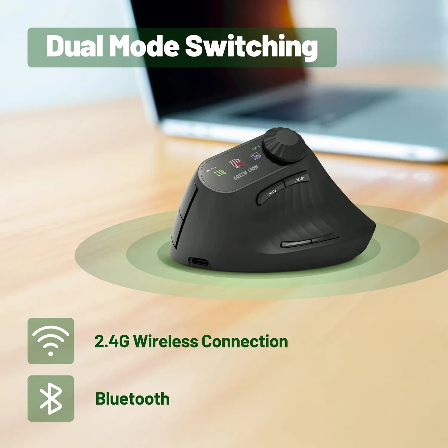 Green Lion Vertical Mouse - OLED Display, Bluetooth, Black 5