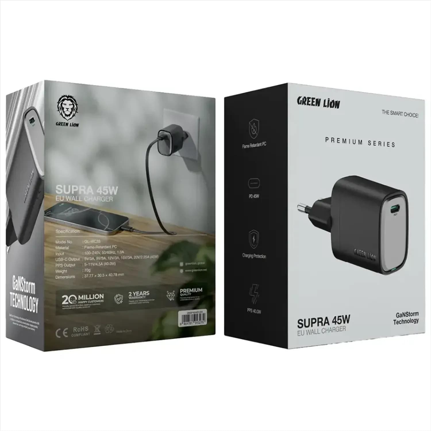 Green Lion Wall Charger Supra - 45W EU, Black/Grey Green Lion Wall Charger Supra - 45W EU, Black/Grey