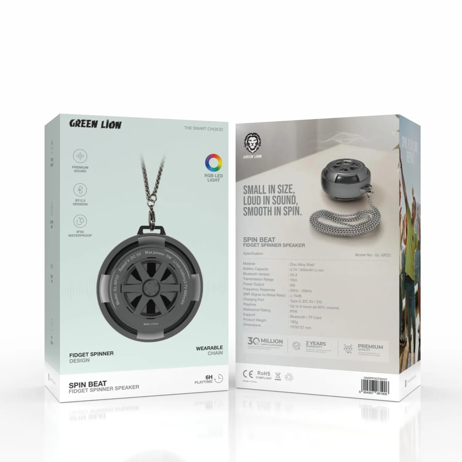 Green Lion Bluetooth Speaker GNSPFDGTSK - 5W, Waterproof, RGB LED, Fidget Spinner, Gray 4