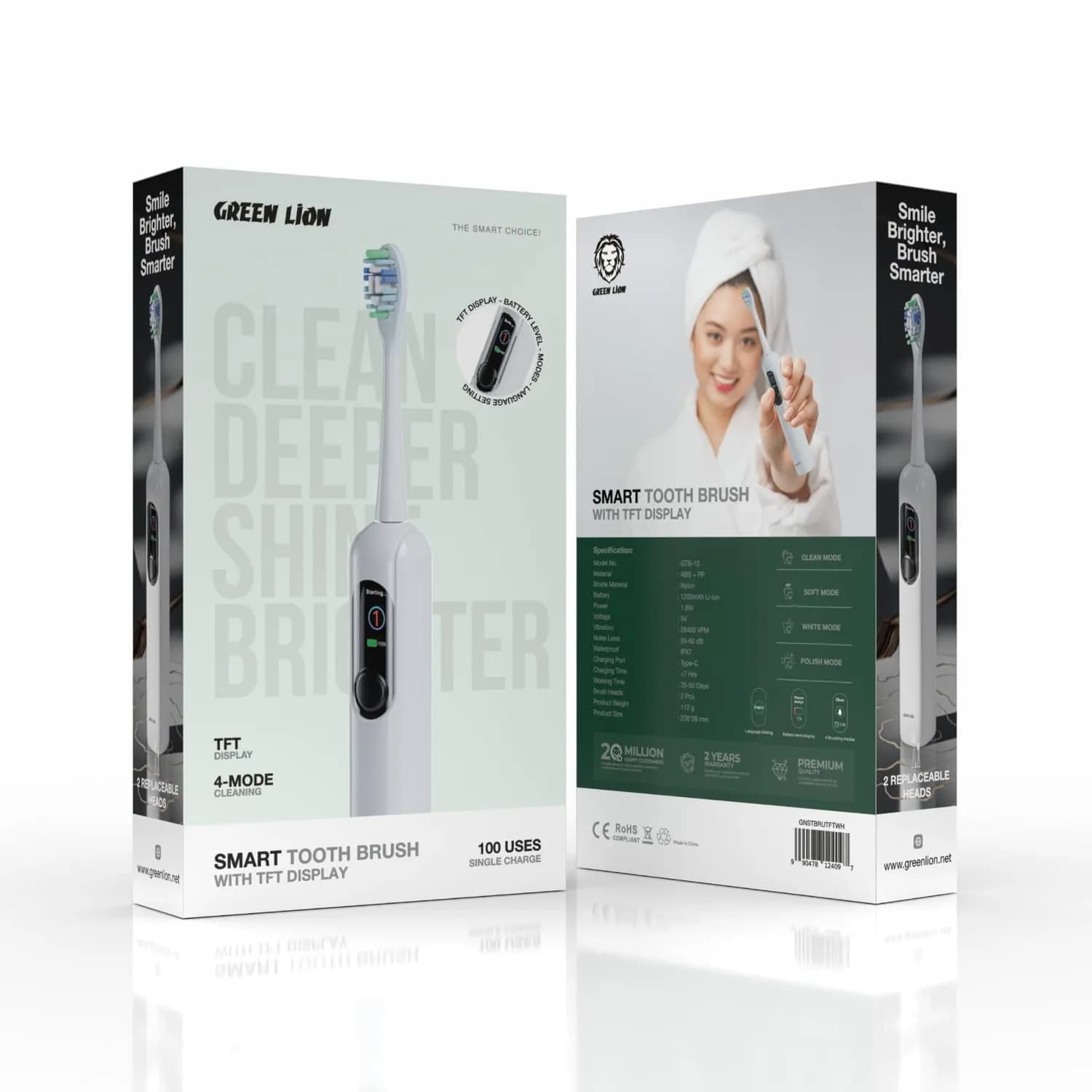 Green Lion Smart Toothbrush - TFT Display, 2 Heads, White 5
