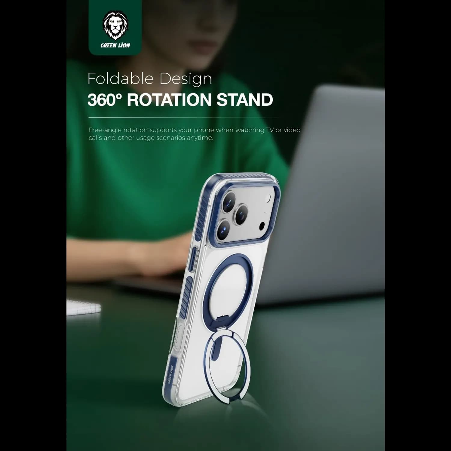 Green Lion iPhone 17 Pro Case - 360° Rotating Ring Stand, Blue 2