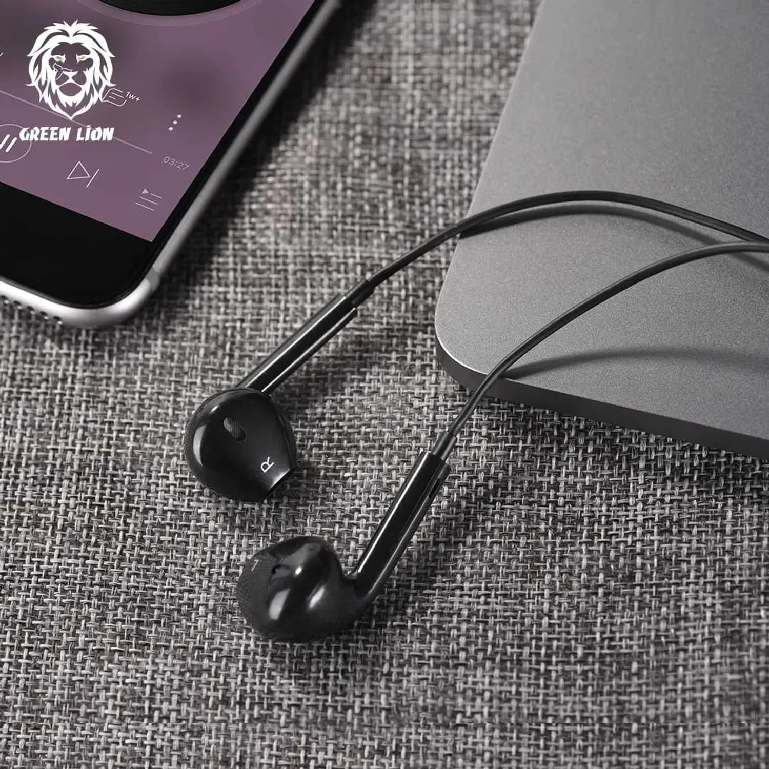 Green Lion Earphone - Stereo, Inbuilt Mic, Black 3