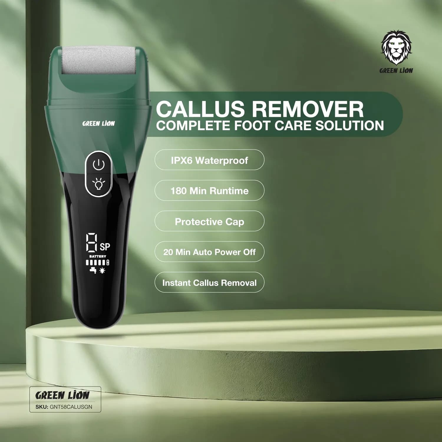 Green Lion Callus Remover - Rechargeable, 3 Roller Heads, LED Spotlight 2