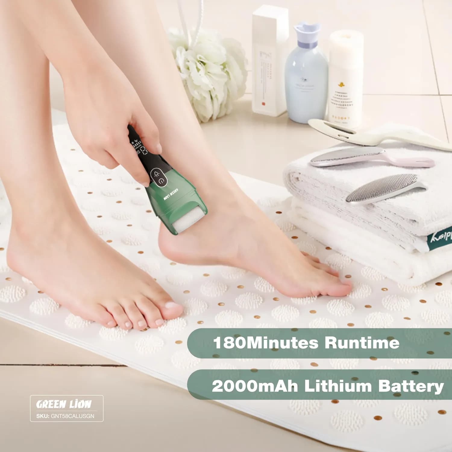 Green Lion Callus Remover - Rechargeable, 3 Roller Heads, LED Spotlight 5
