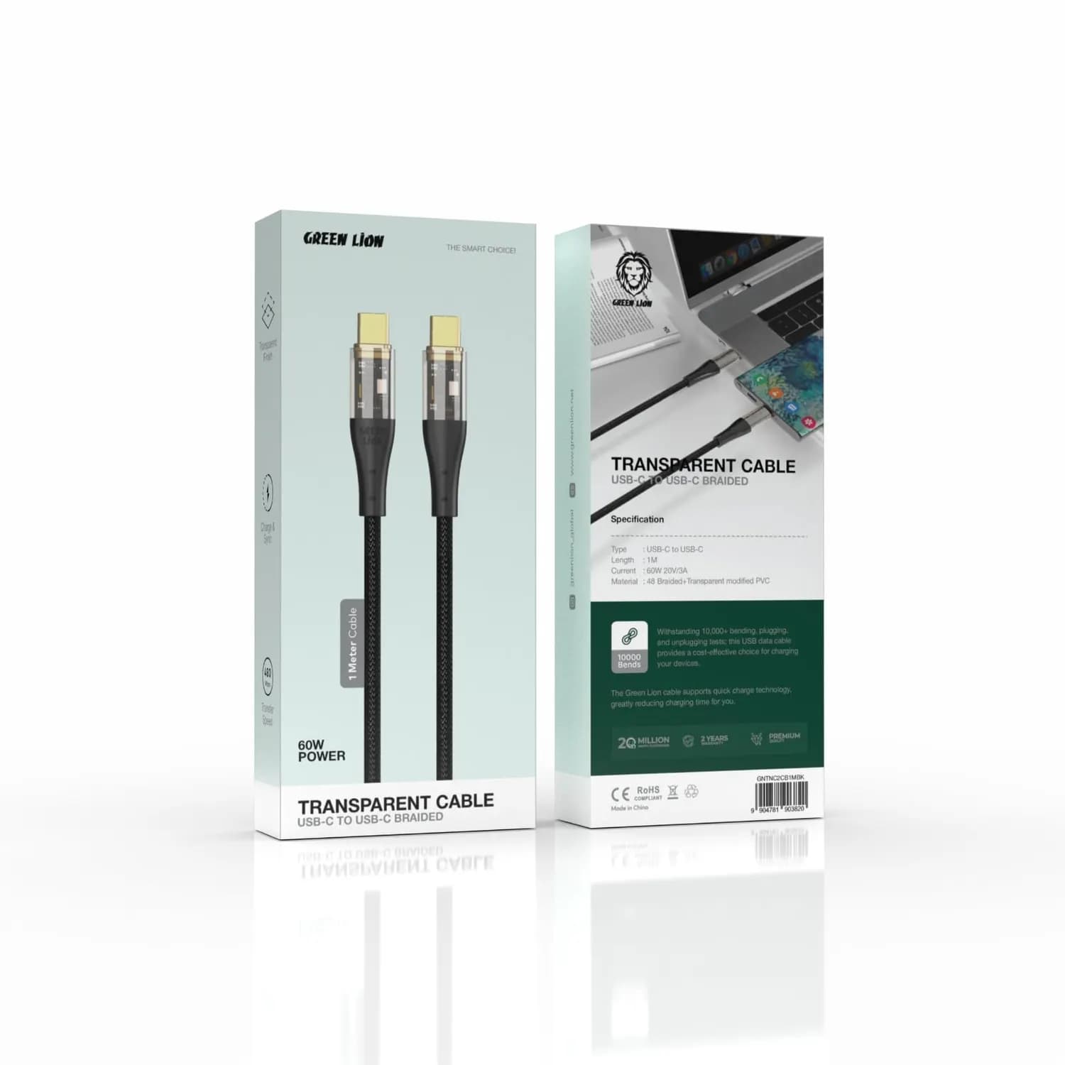 Green Lion USB-C to USB-C Cable - 60W Fast Charging, Transparent 3