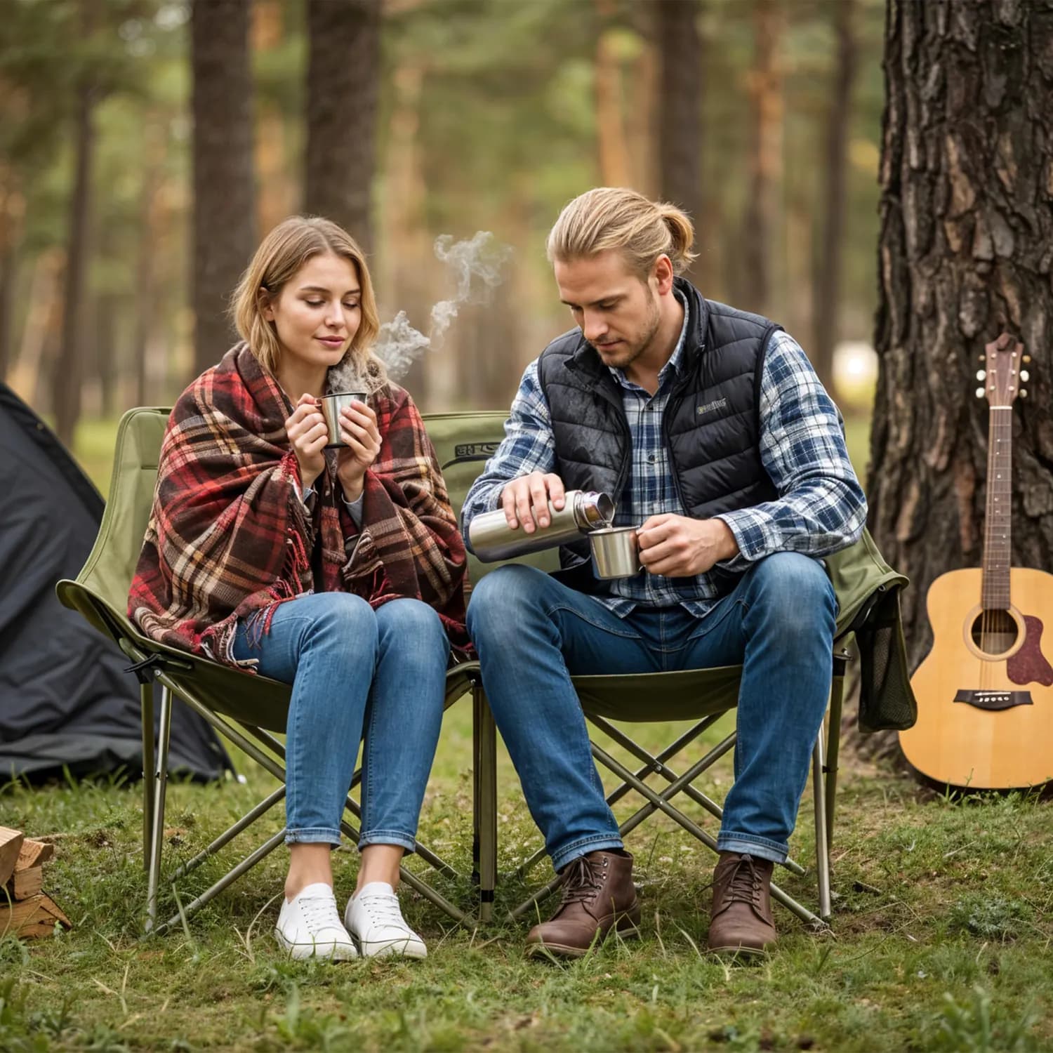 Green Lion Double Camping Chair - Foldable, 300kg Load, Green 2