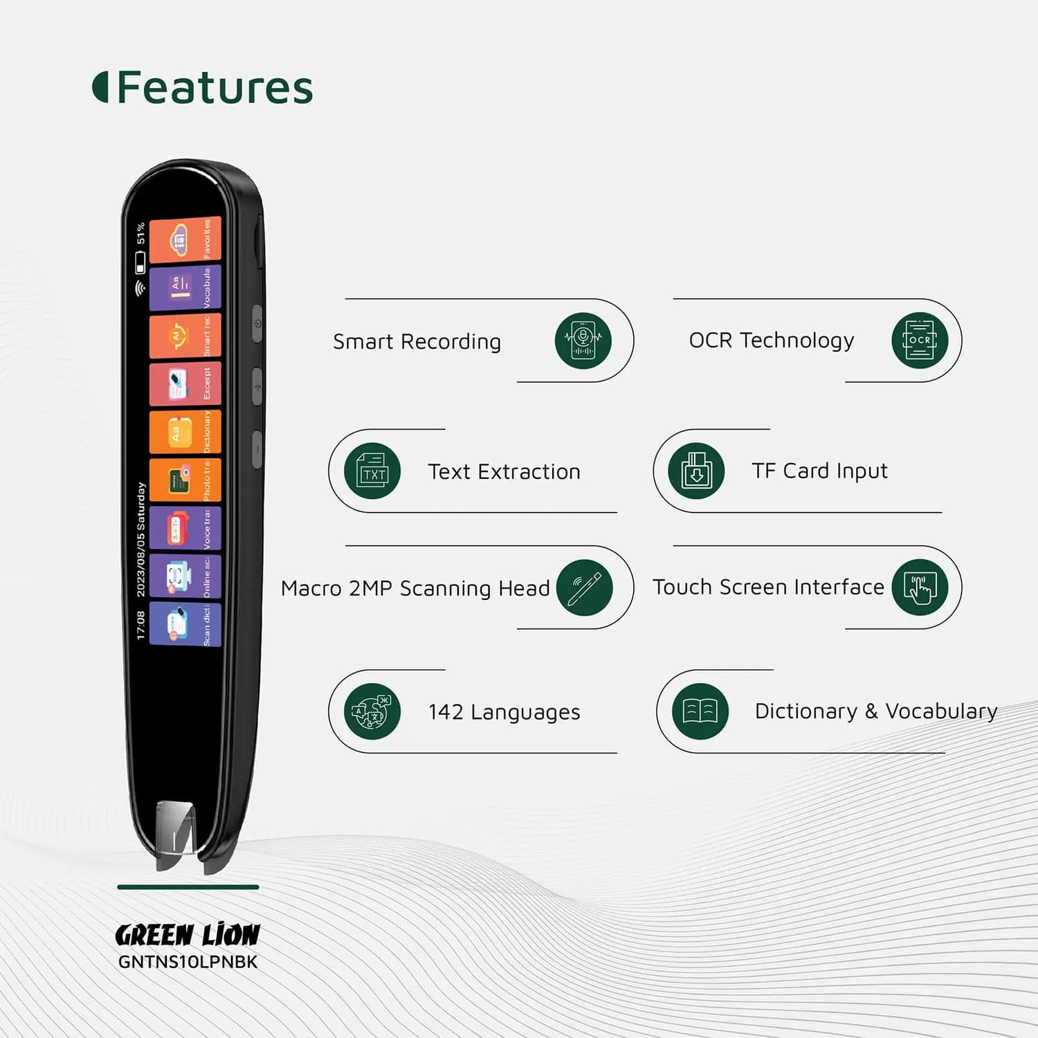 Green Lion Translation Pen - 2MP Scanner, Touchscreen, Black 3