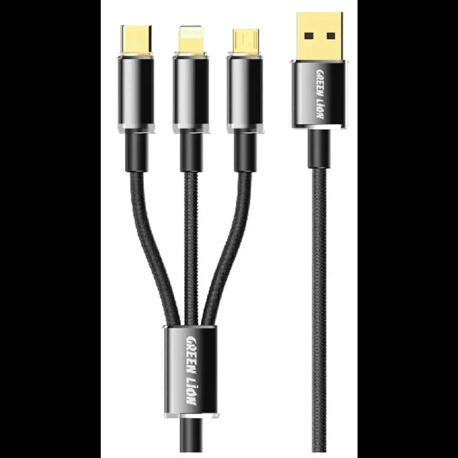 Green Lion Braided 3-in-1 USB Cable - Fast Charge, Black 1