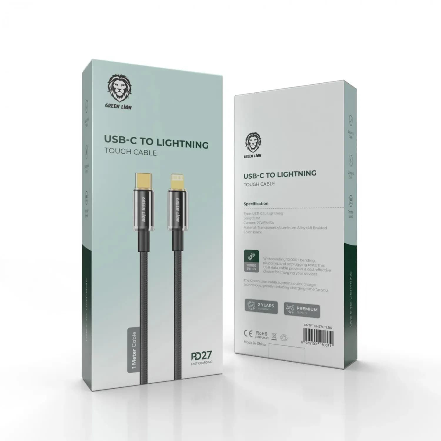 Green Lion USB-C to Lightning Cable - 27W PD Fast Charge, Black 2
